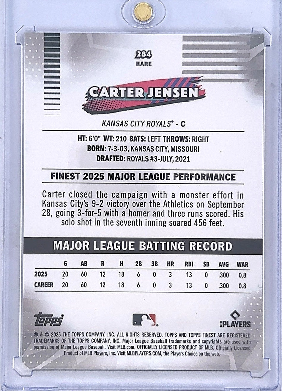 Carter Jensen Topps Finest 23/50 #284 — back
