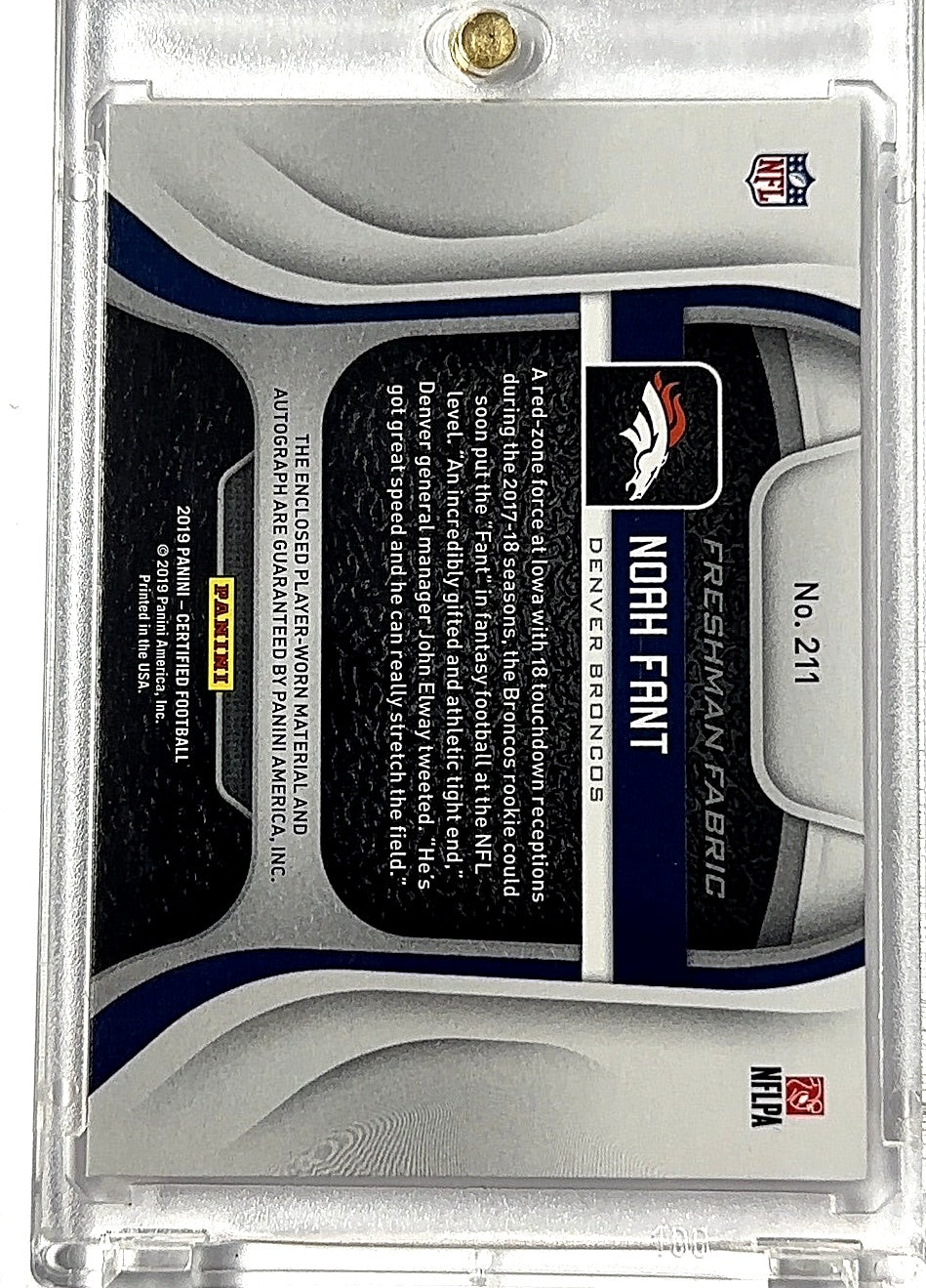 2019 Panini Certified Noah Fant [Freshman Fabric Mirror Signature Red Etch] #211 RC AUTO — back