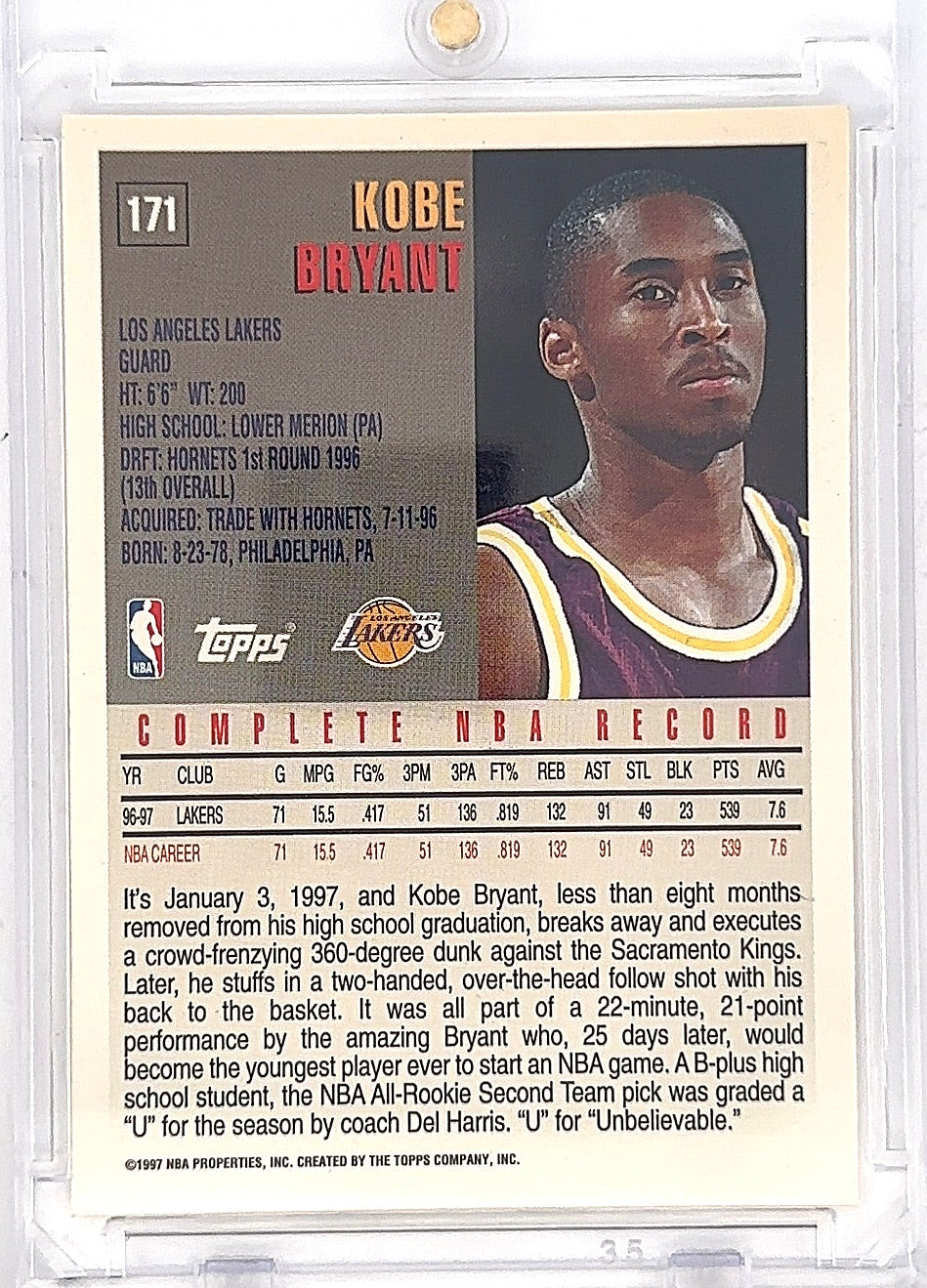 1997 Topps Kobe Bryant #171 — back