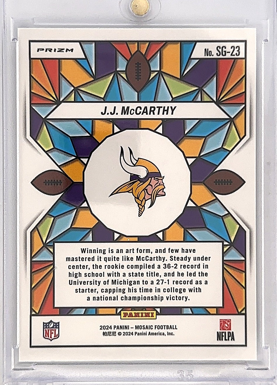 2024 Panini Mosaic Stained Glass J.J. McCarthy #SG-23 — back