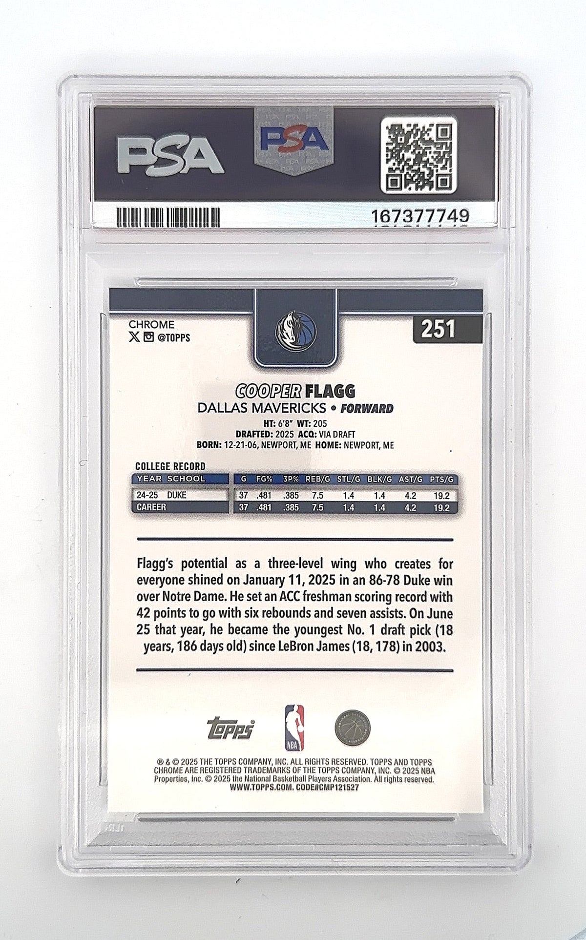 2025 Topps Chrome Cooper Flagg #251 PSA 9 — back