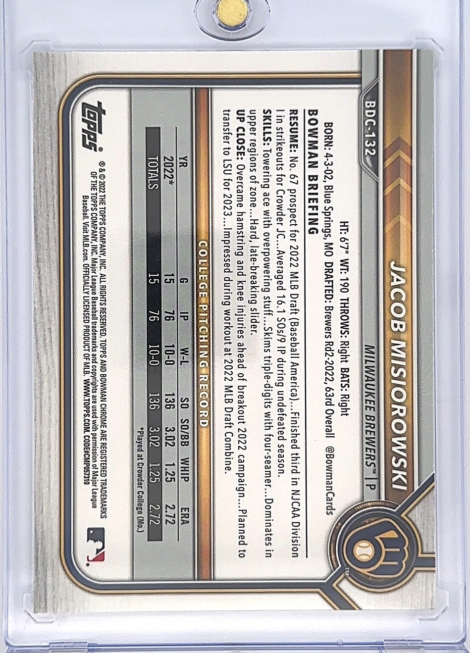 2022 Bowman Draft 1st Edition Jacob Misiorowski #BD-132 — back