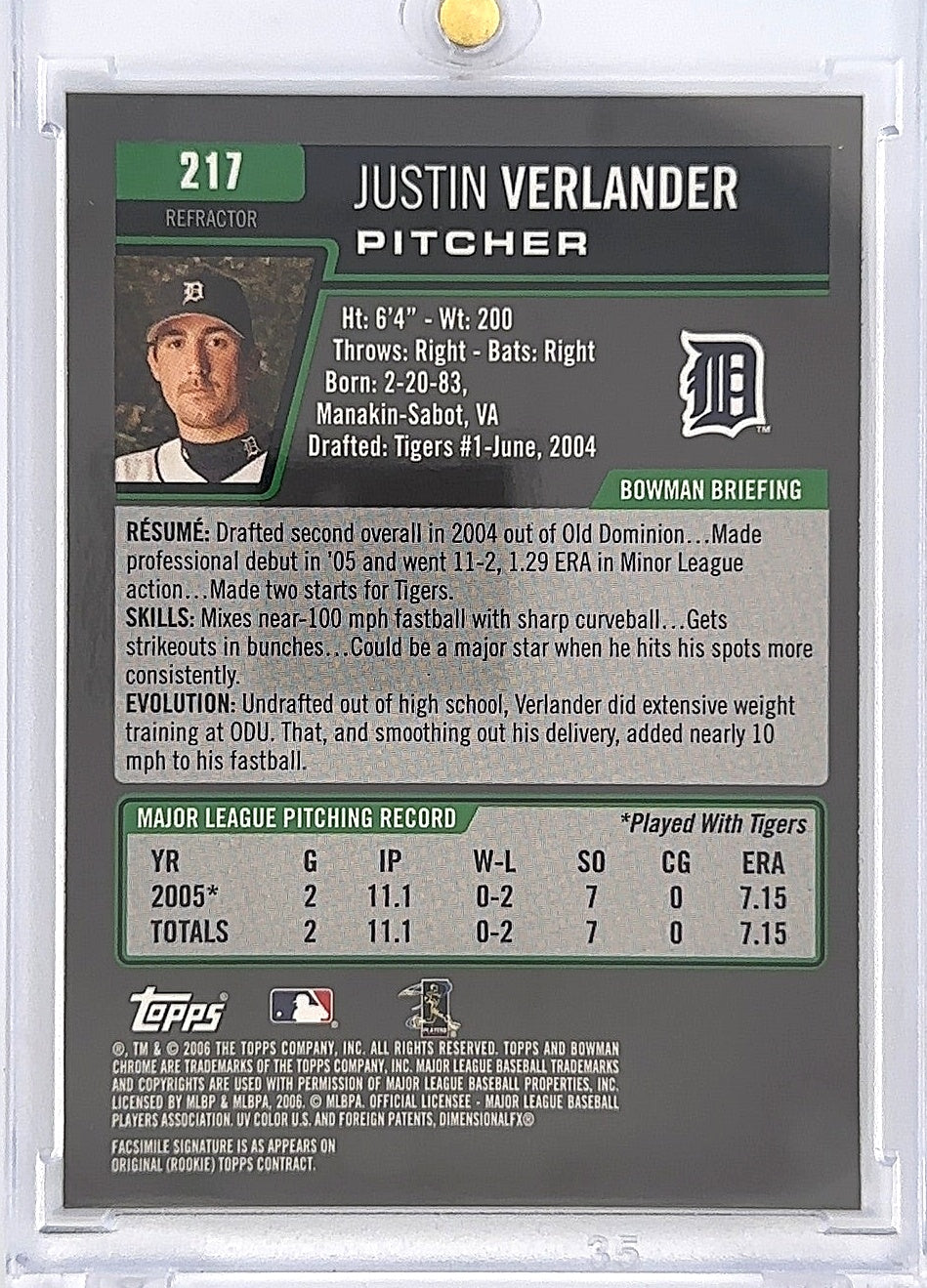 2006 Bowman Chrome Justin Verlander [Refractor] #217 — back