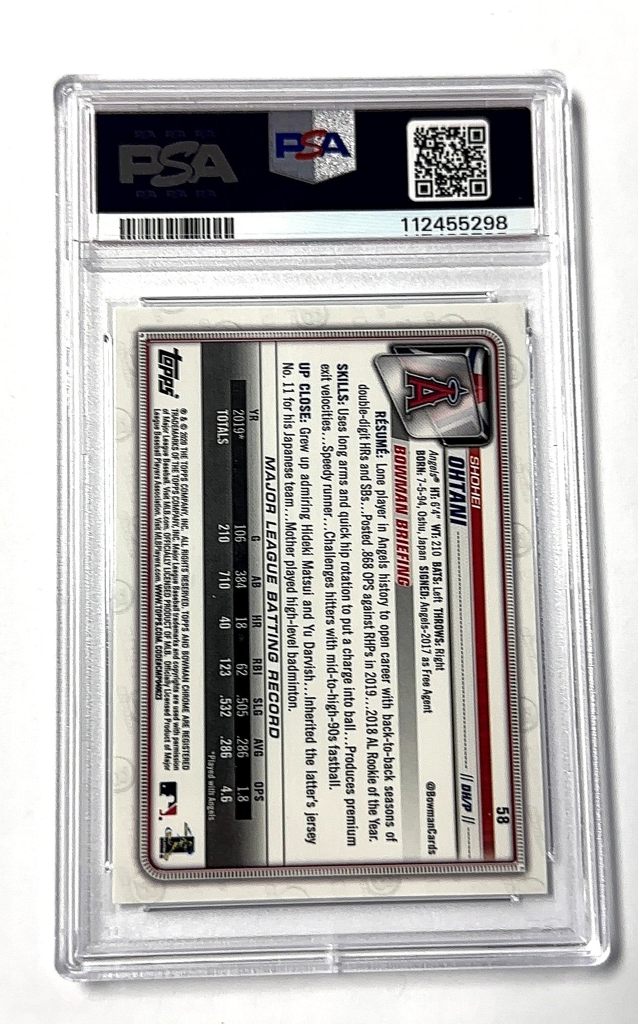 2020 Bowman Chrome Shohei Ohtani #58 PSA 9 — back