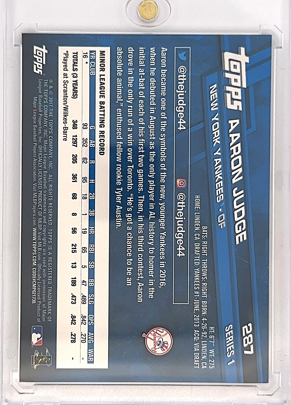 2017 Topps Aaron Judge #287 — back
