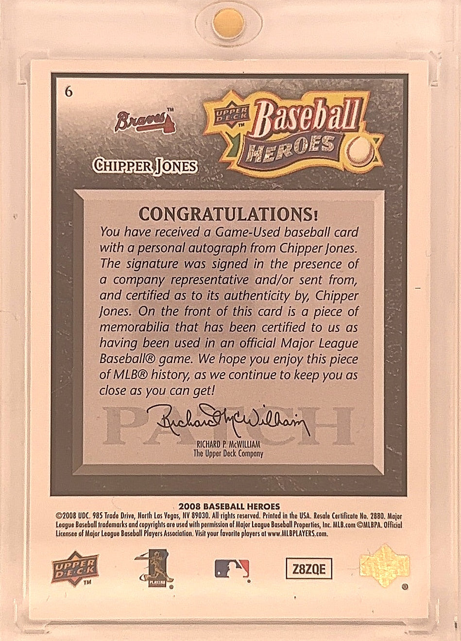 2008 Baseball Heroes Chipper Jones Game Used Patch Auto /15 — back