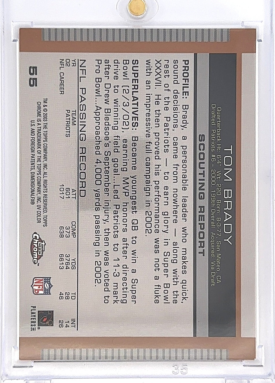 2003 Topps Draft Picks & Prospects Tom Brady [Chrome] #55 — back