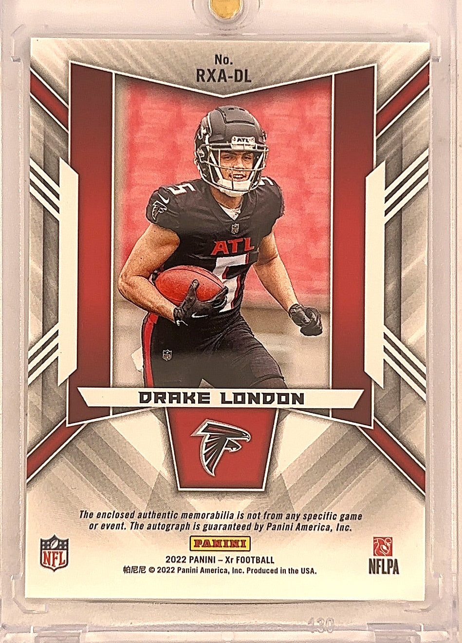 2022 Panini XR Rookie XL Swatch Autographs Drake London [Green] #RXA-DL — back