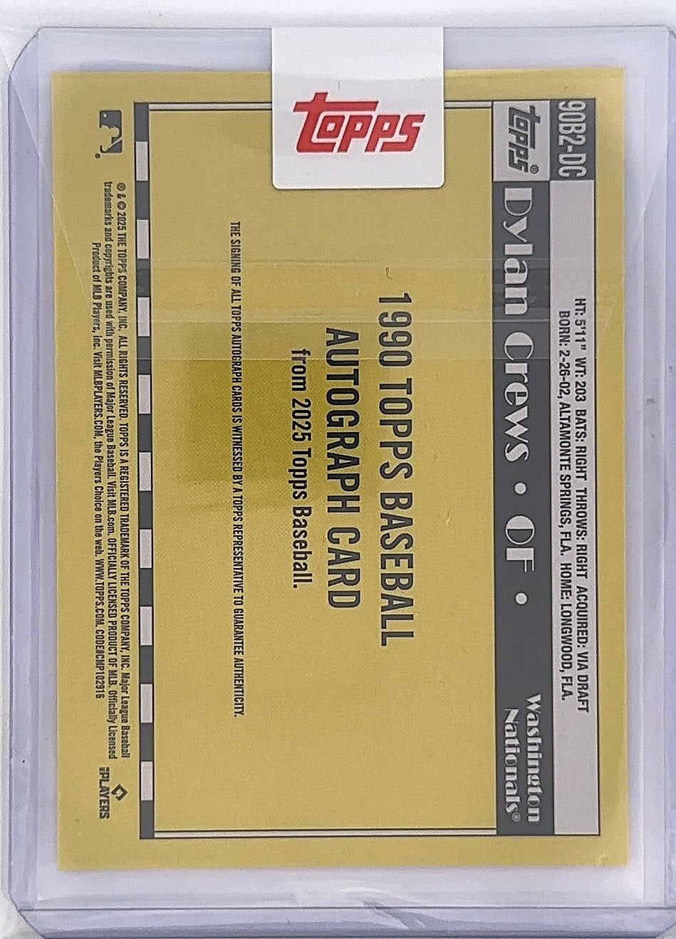 2025 Topps 1990 Autograph Dylan Crews #90B2-DC — back