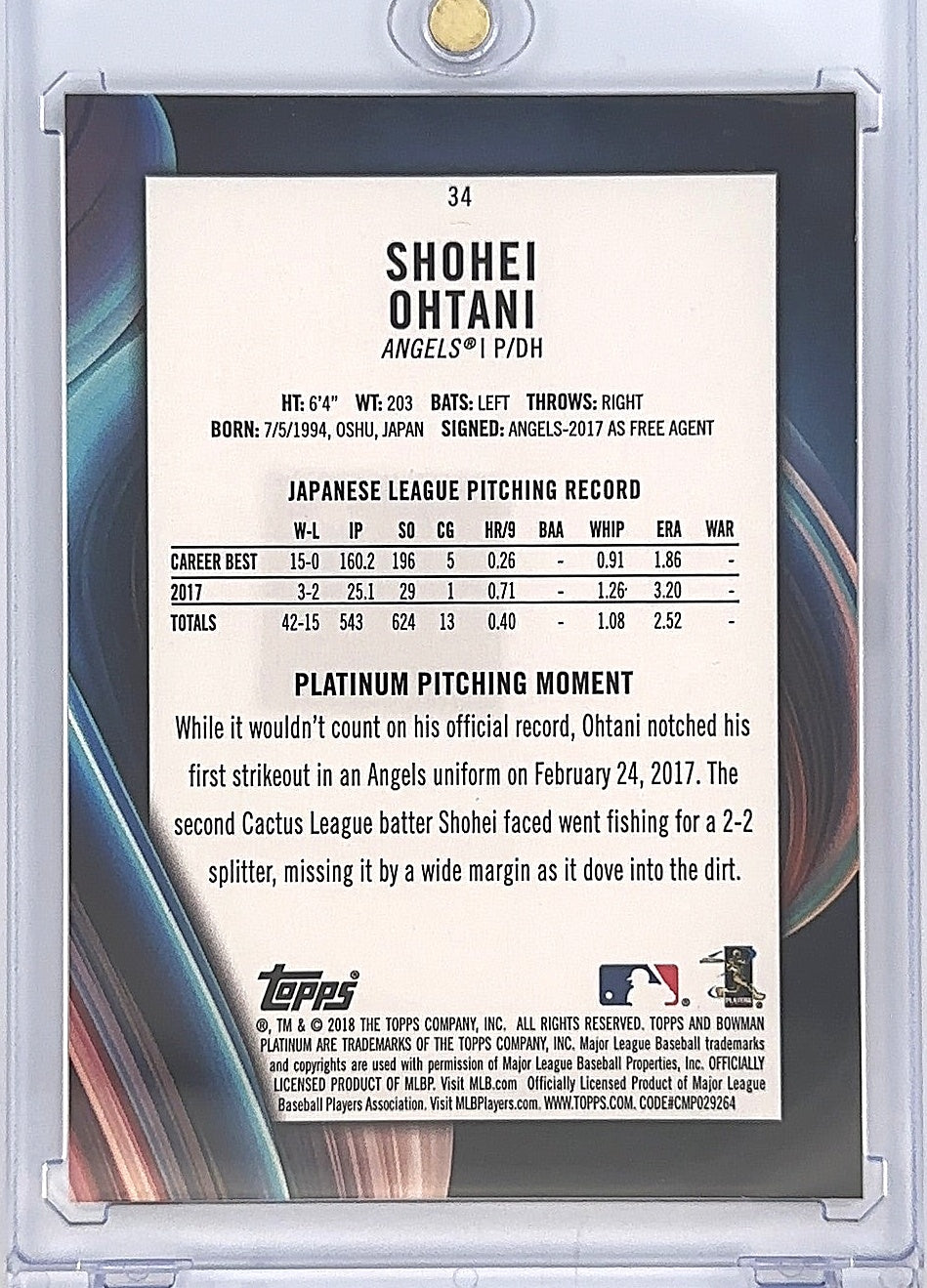 2018 Bowman Platinum Shohei Ohtani [With Glove] #34 — back