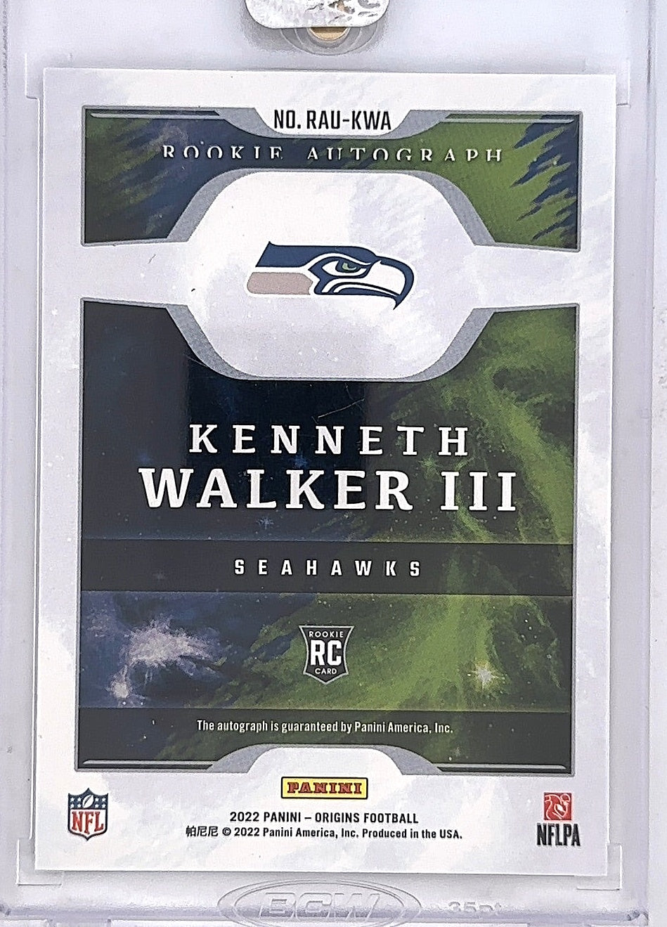 2022 Panini Origins Rookie Autographs Kenneth Walker III [Green] #RAU-KWA — back
