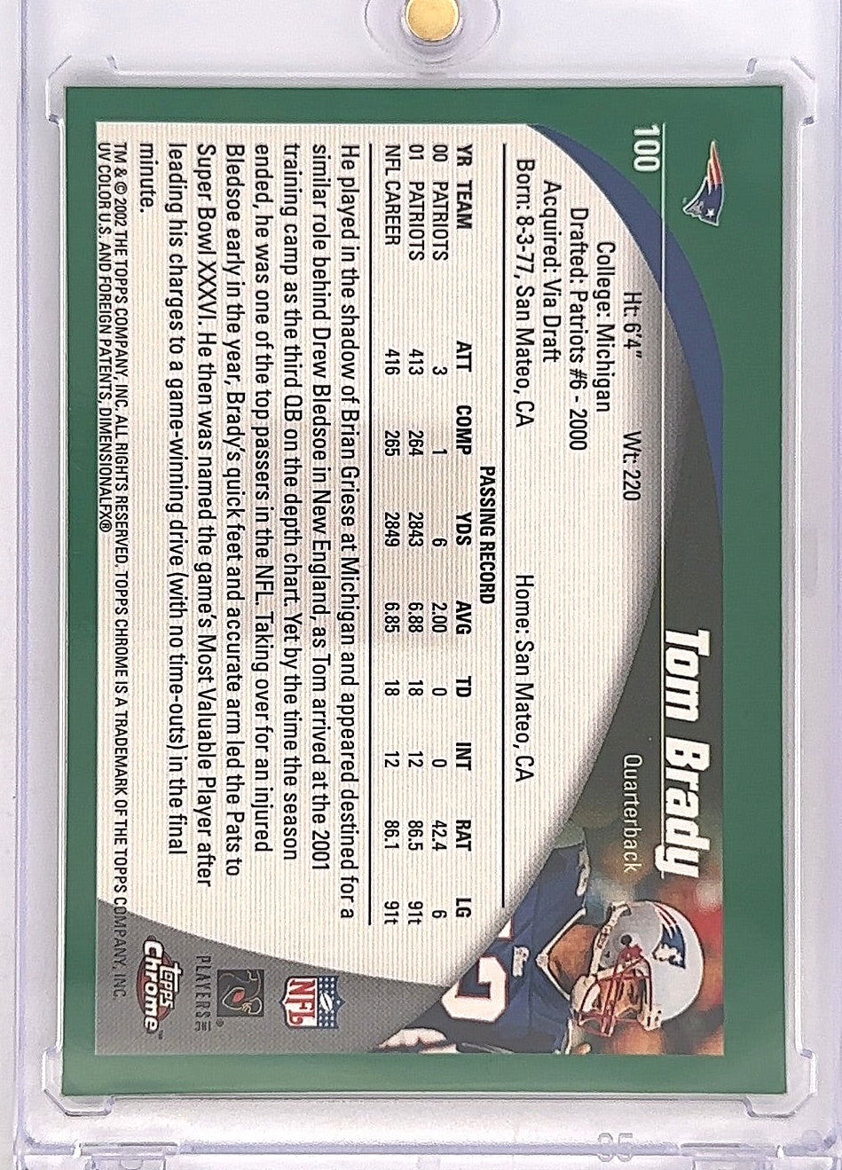 2002 Topps Chrome Tom Brady #100 — back
