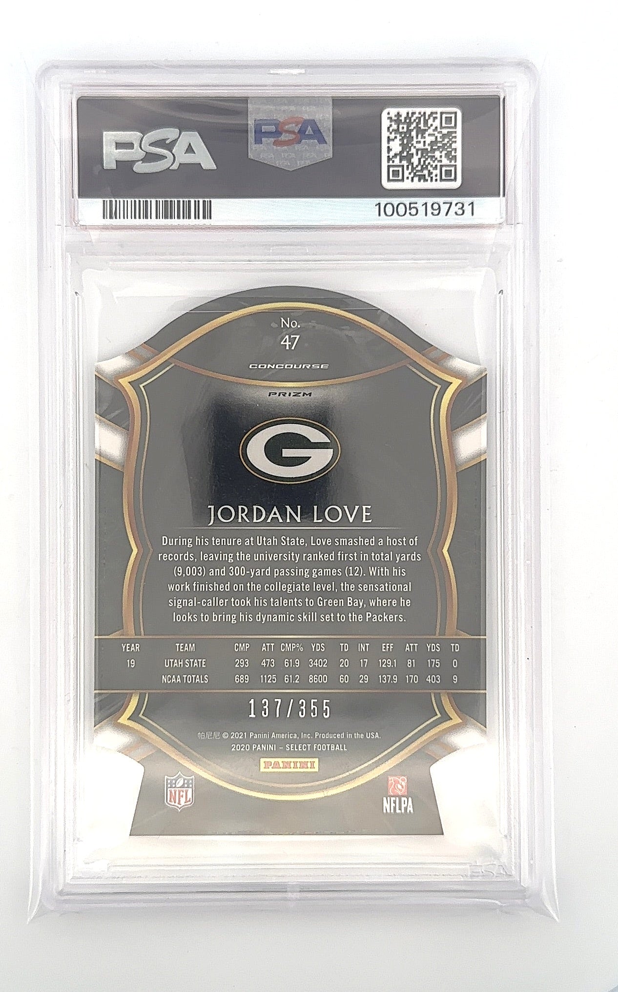 Jordan Love 2020 Panini Select Die-Cut Copper Prizm PSA GEM MT 10 — back