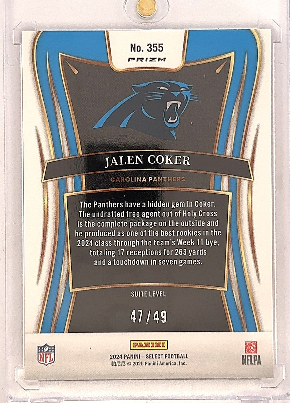 2024 Panini Select Jalen Coker /49 [Red Disco Prizm] #355 — back