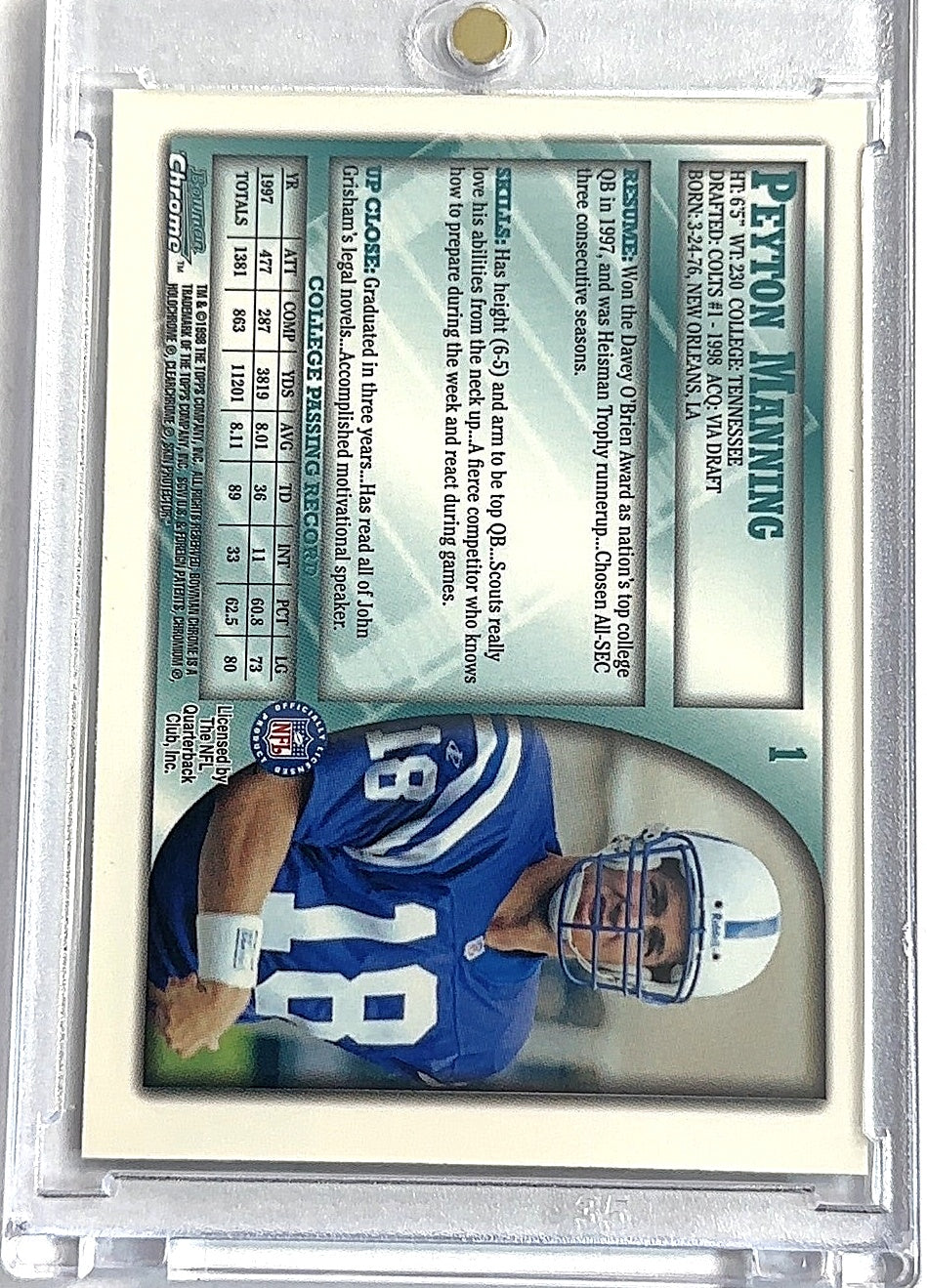 1998 Bowman Chrome Peyton Manning #1 — back