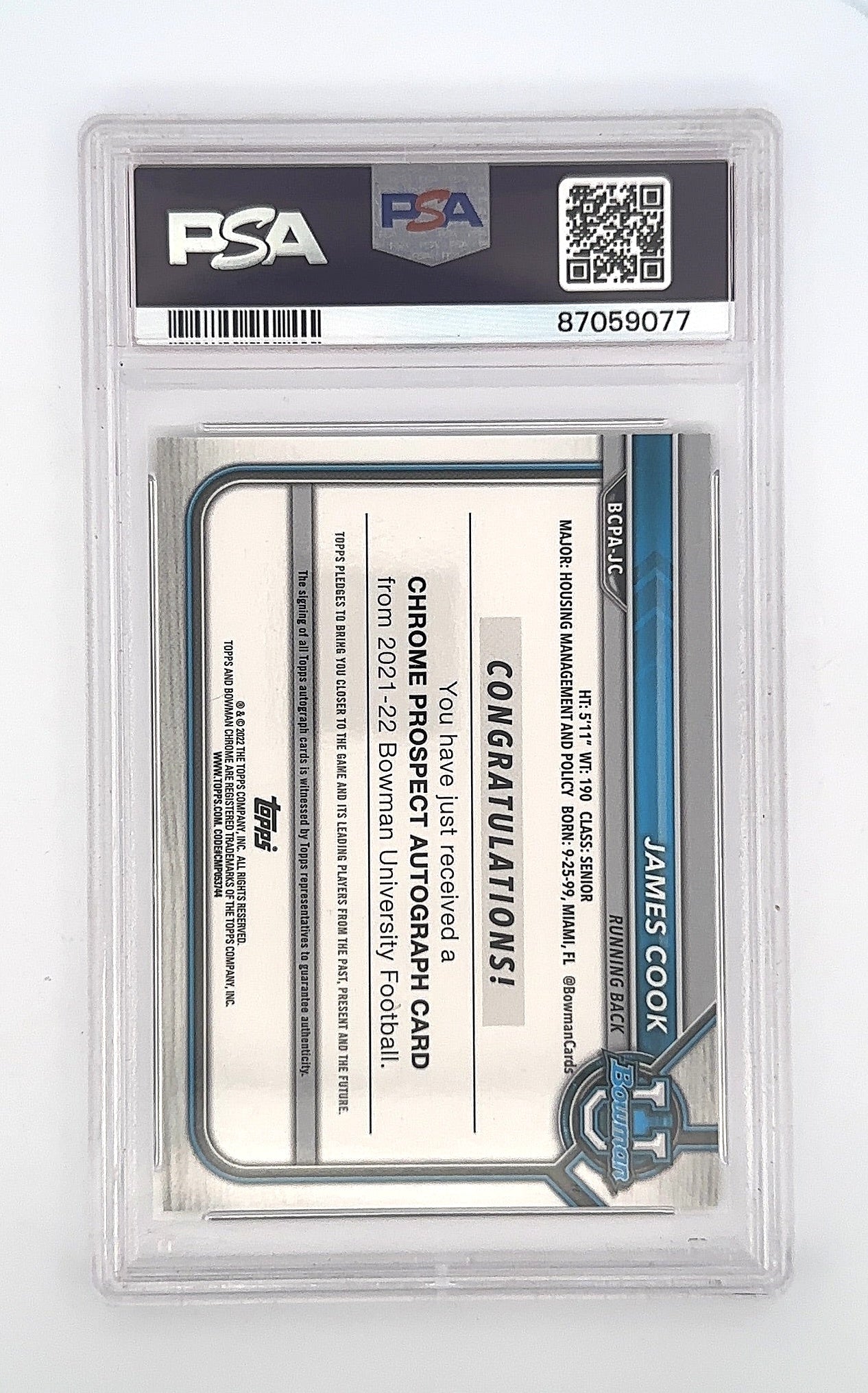 2021 Bowman University Chrome Autographs James Cook [Yellow Refractor] #BCPA-JC PSA 10 — back