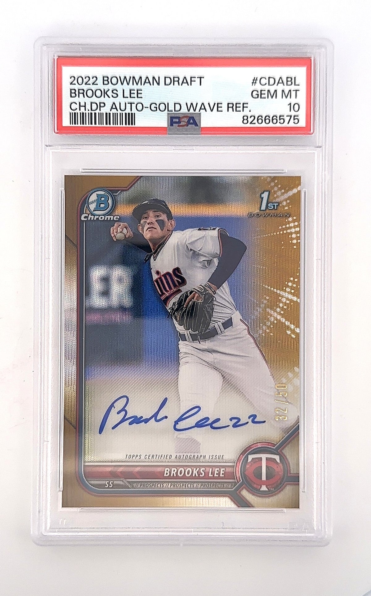 Brooks Lee 2022 Bowman Draft Auto-Gold Wave 32/50 PSA GEM MT 10 — front