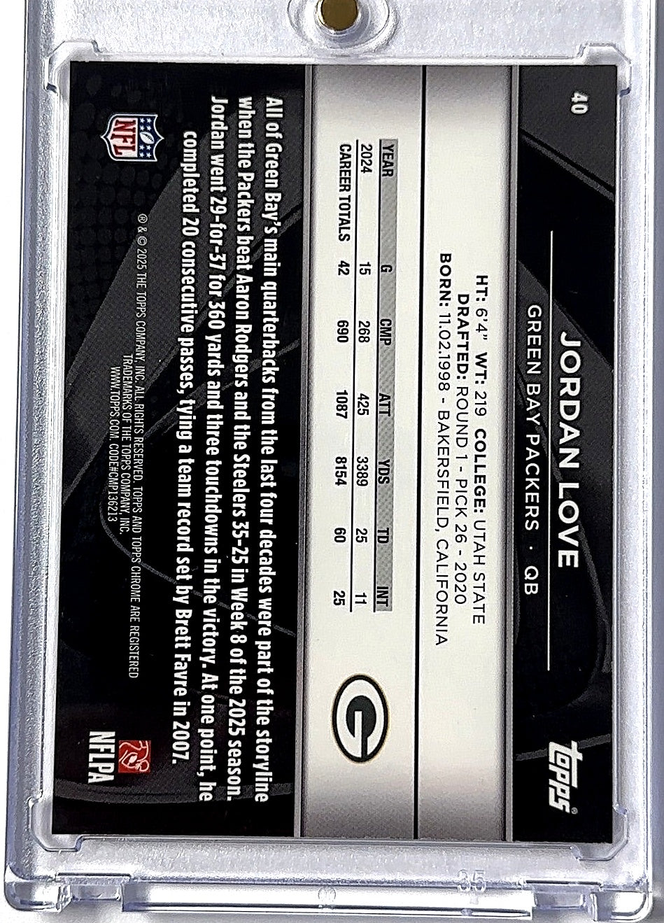 2025 Topps Chrome Black Jordan Love [Purple Refractor] #40 RC — back