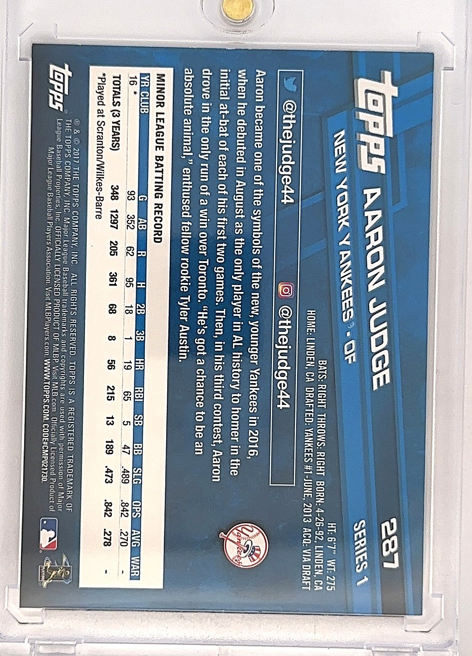 2017 Topps Aaron Judge #287 — back