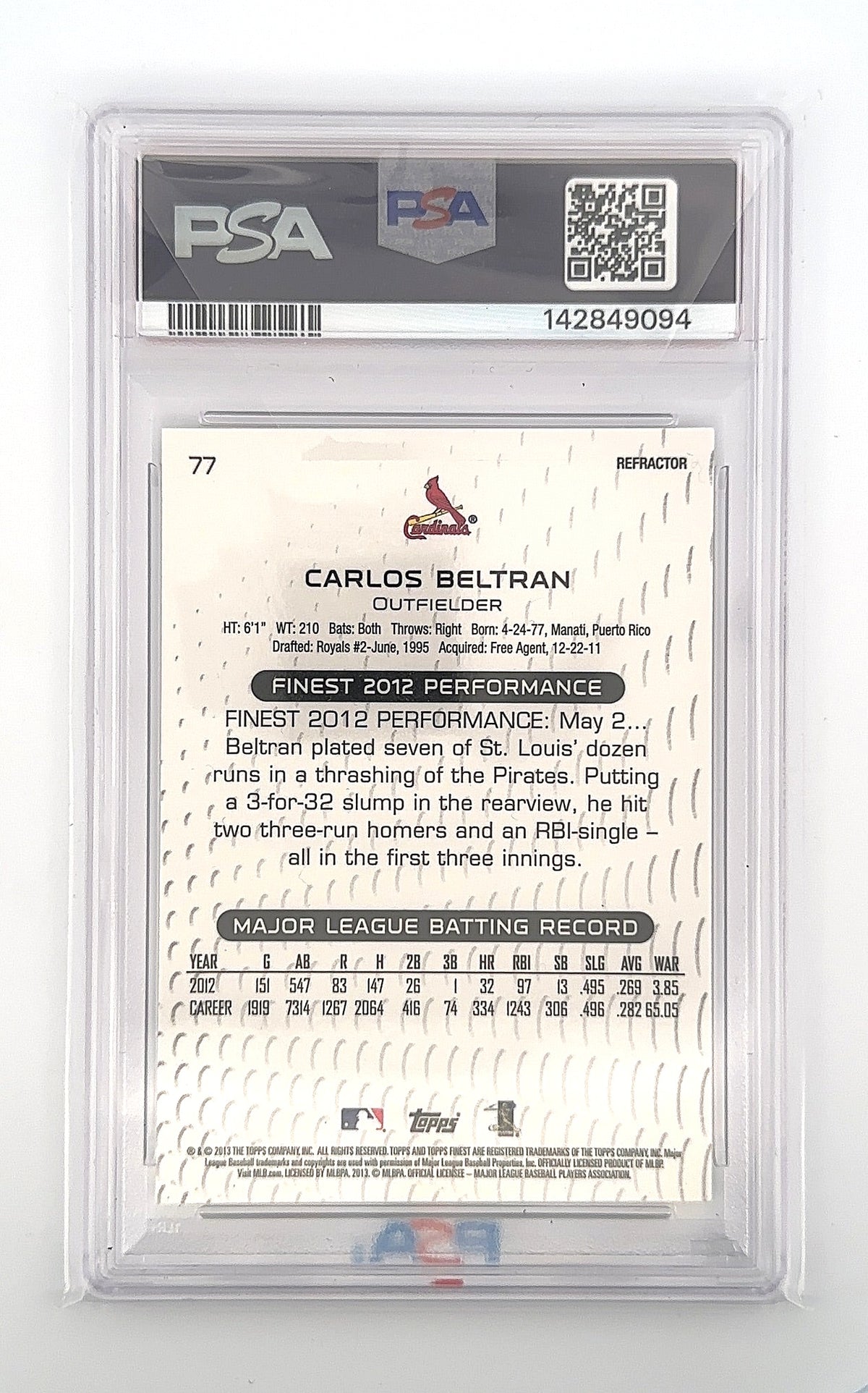2013 Finest Carlos Beltran #77 PSA 10 — back