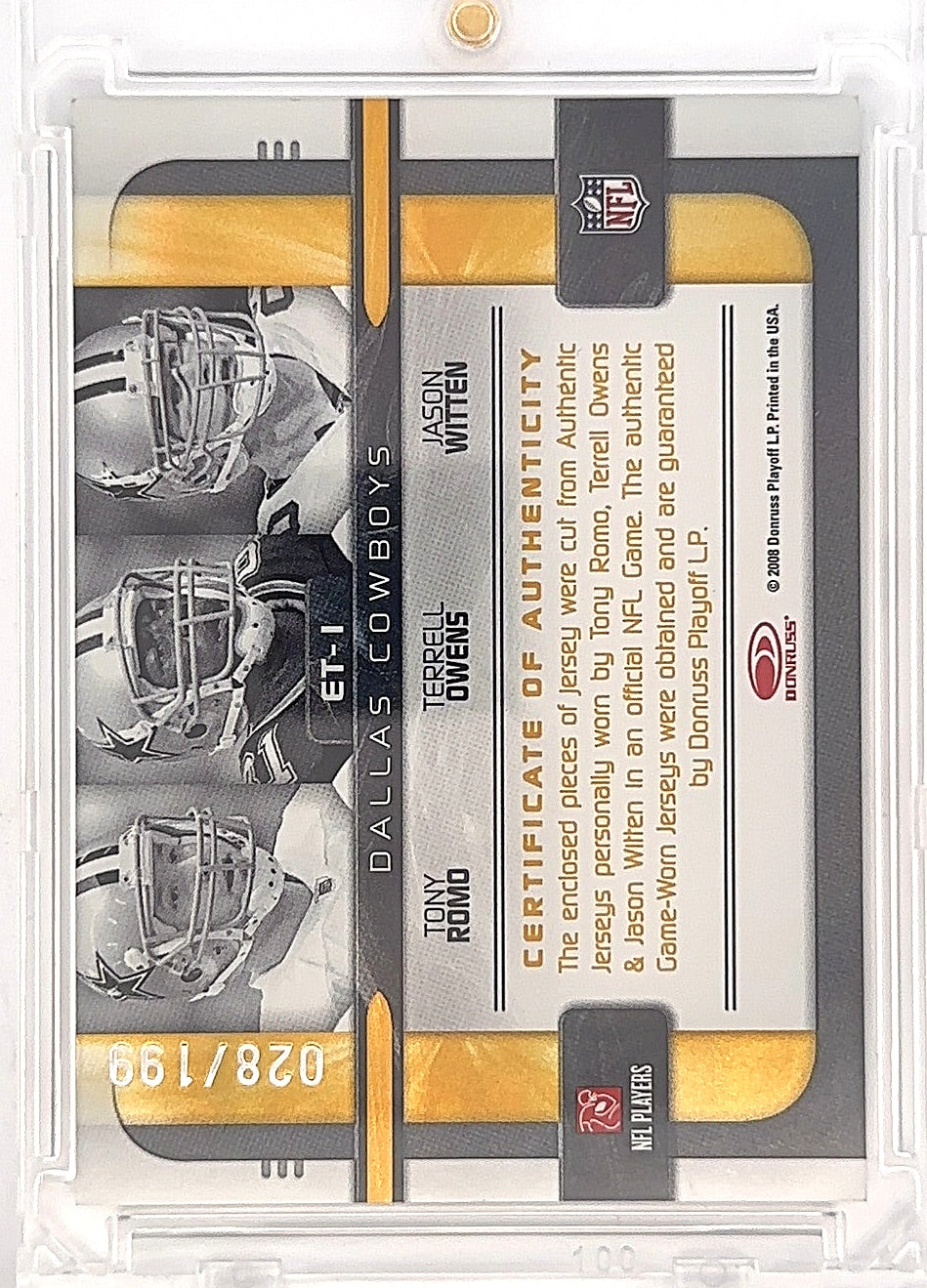 2008 Donruss Elite Teams Romo Owens Witten ET-1 028/199 — back