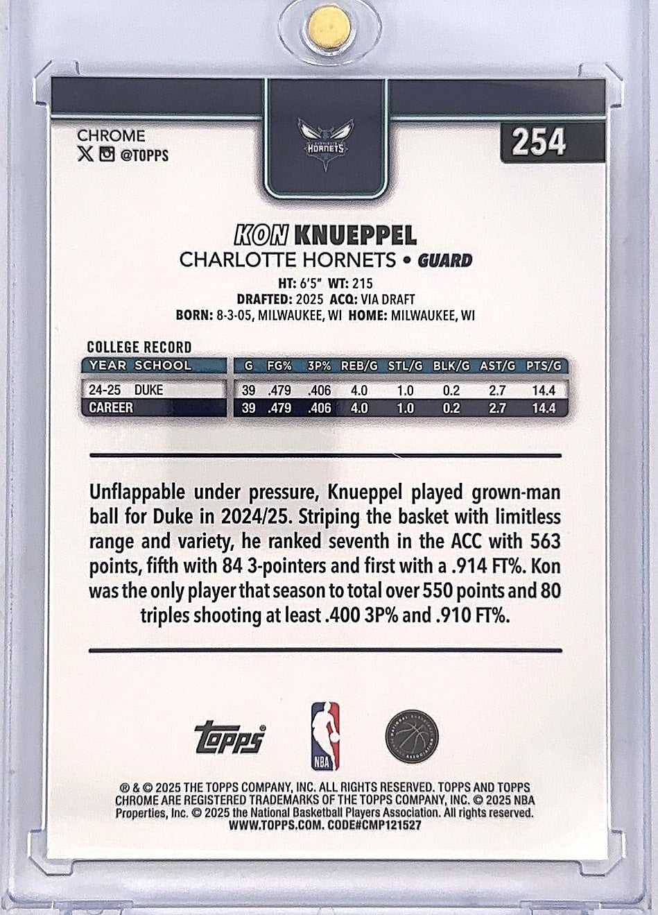 2025 Topps Chrome Kon Knueppel [Blue X-Fractor] #254 — back