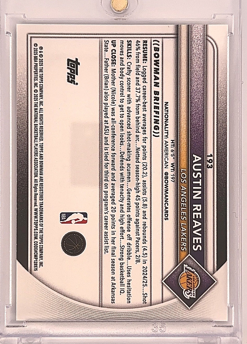 2025 Bowman Austin Reaves [Black Pattern Border] #193 — back