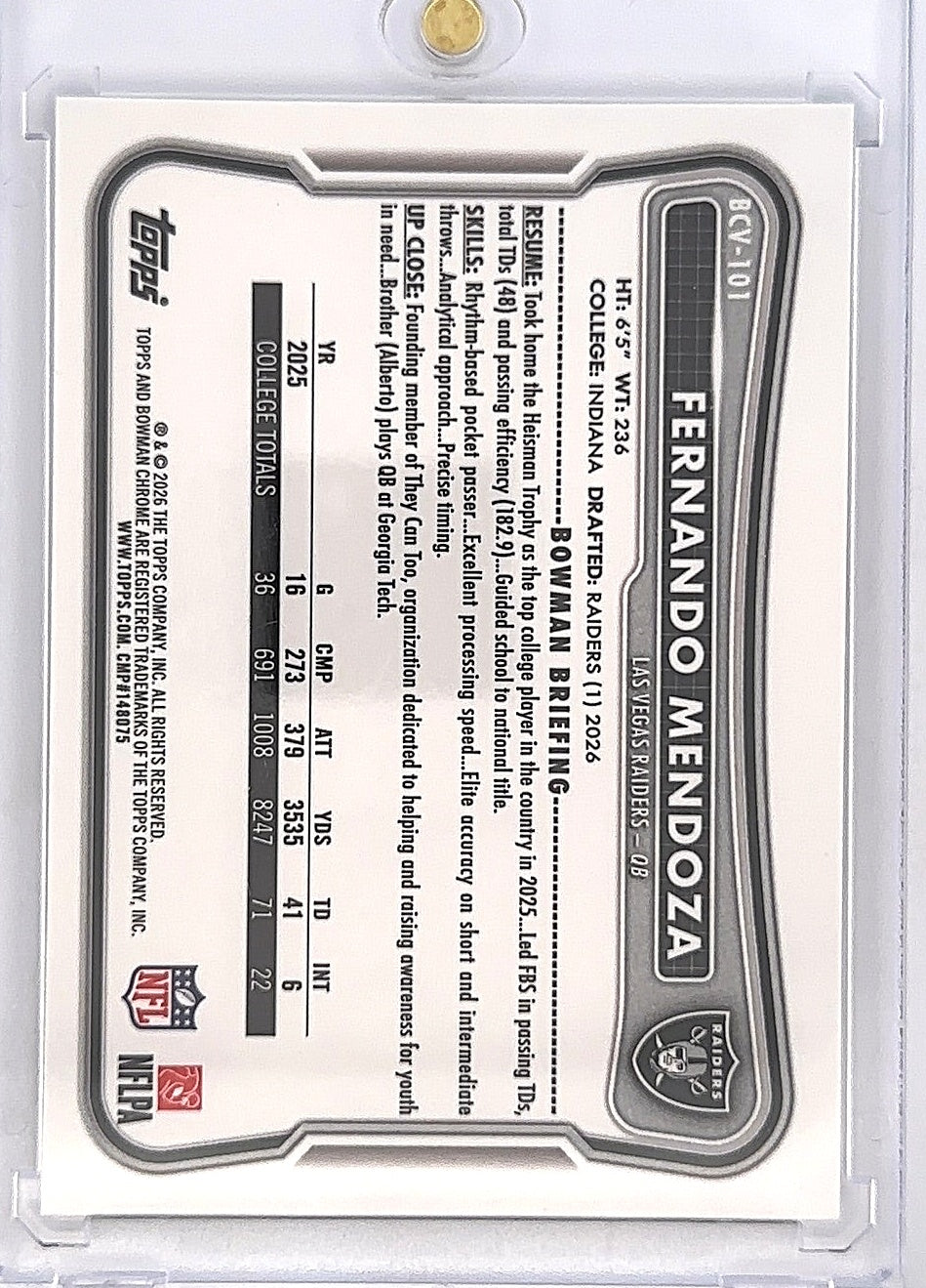 2026 Bowman Chrome NFL Fernando Mendoza [Mojo] #BCV-101 — back