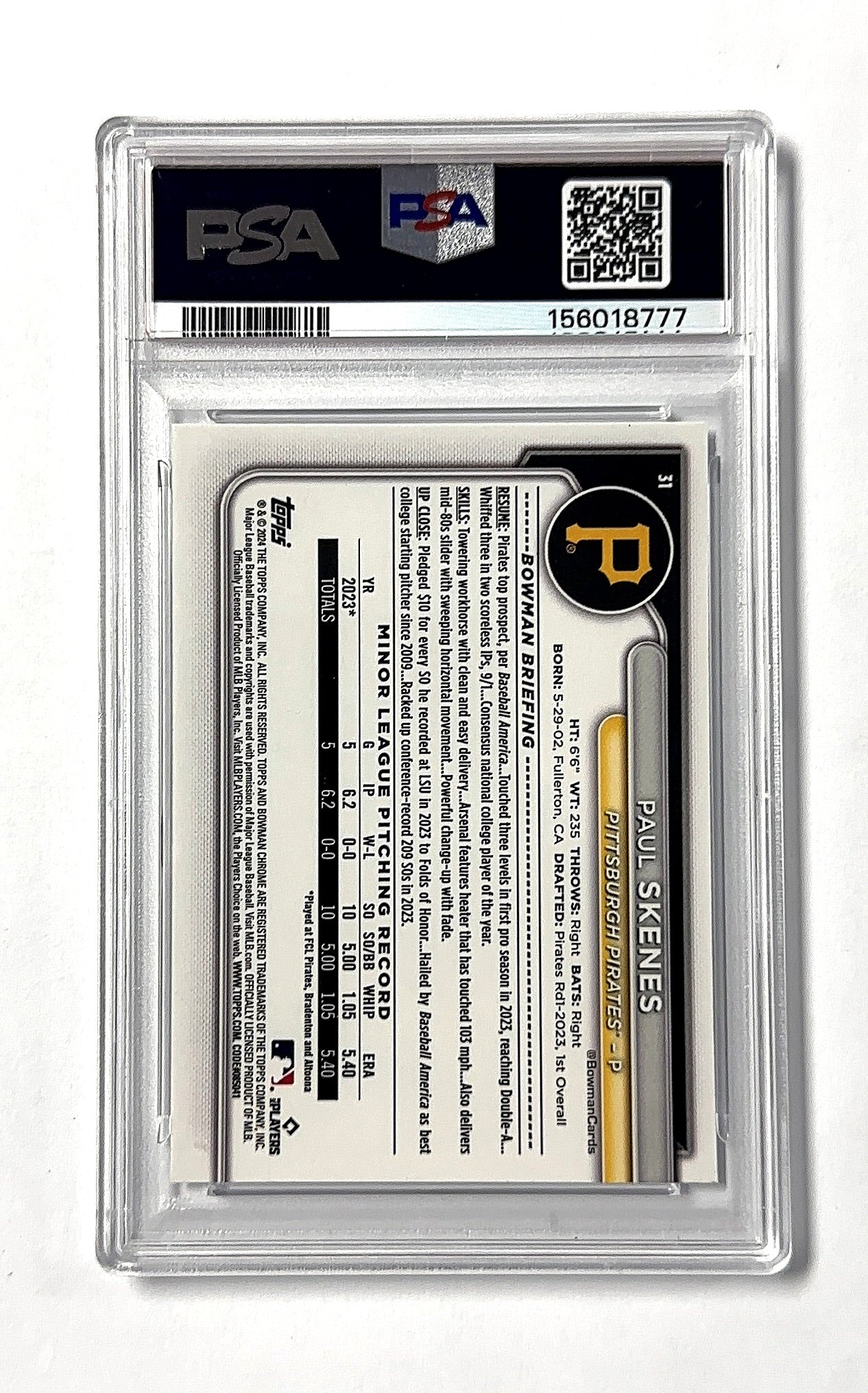2024 Bowman Chrome Paul Skenes #31 RC PSA 10 — back
