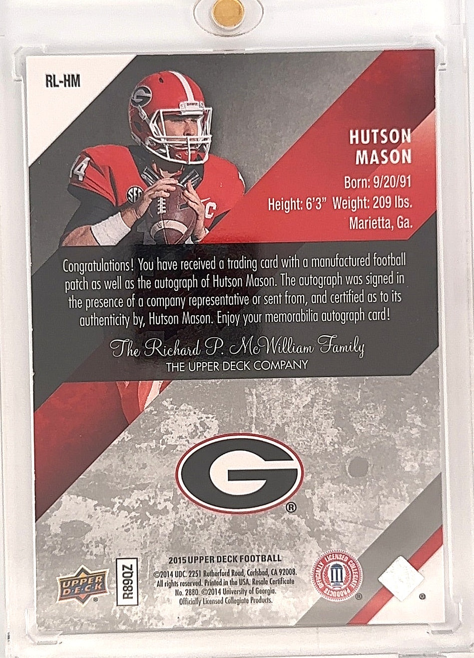 Hutson Mason Rookie Letterman Signatures — back