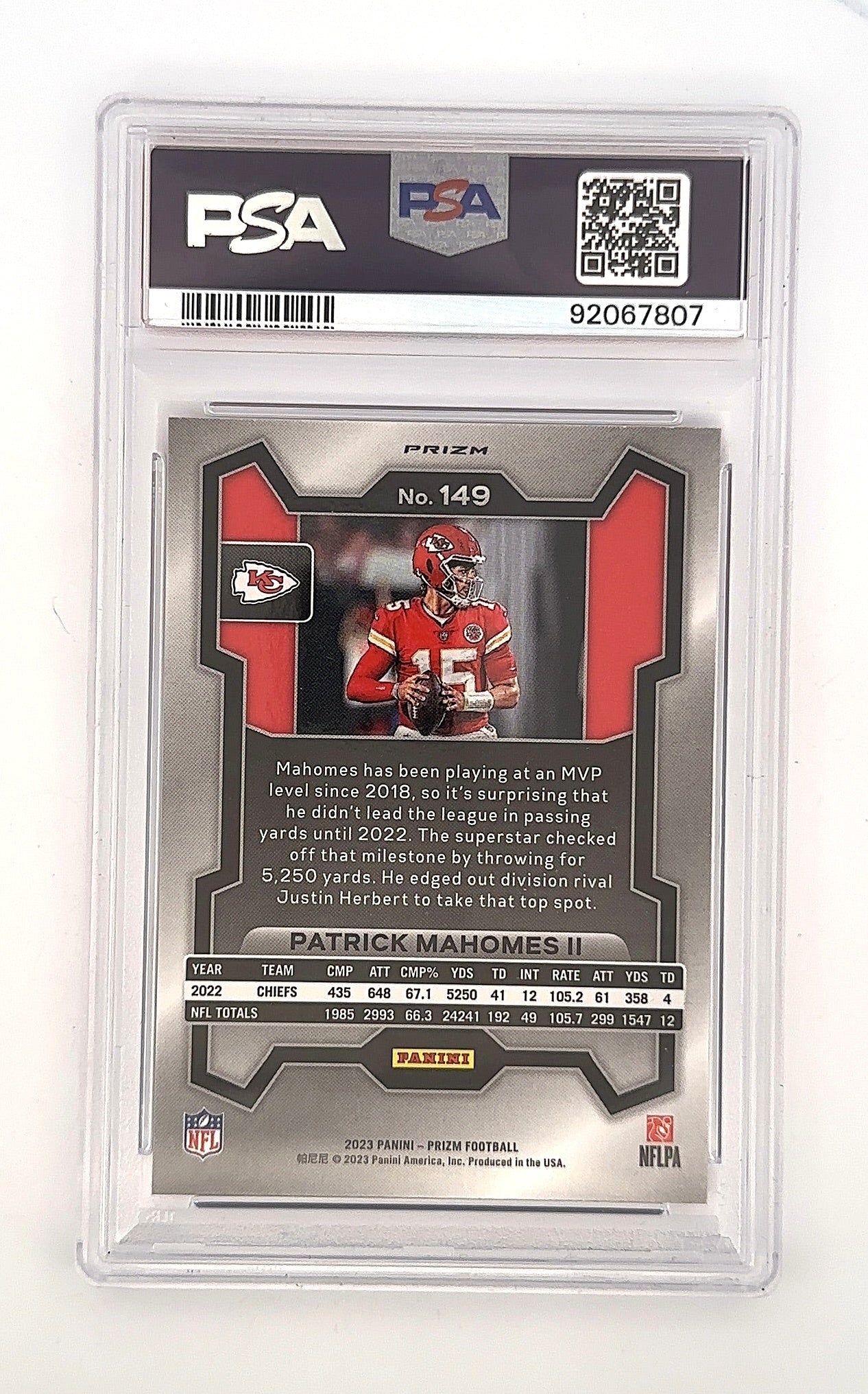 2023 Panini Prizm Patrick Mahomes II [Red White Blue] #149 PSA 10 — back