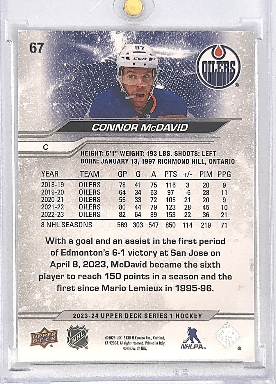 2023-24 Upper Deck Series 1 Hockey Connor McDavid #67 — back