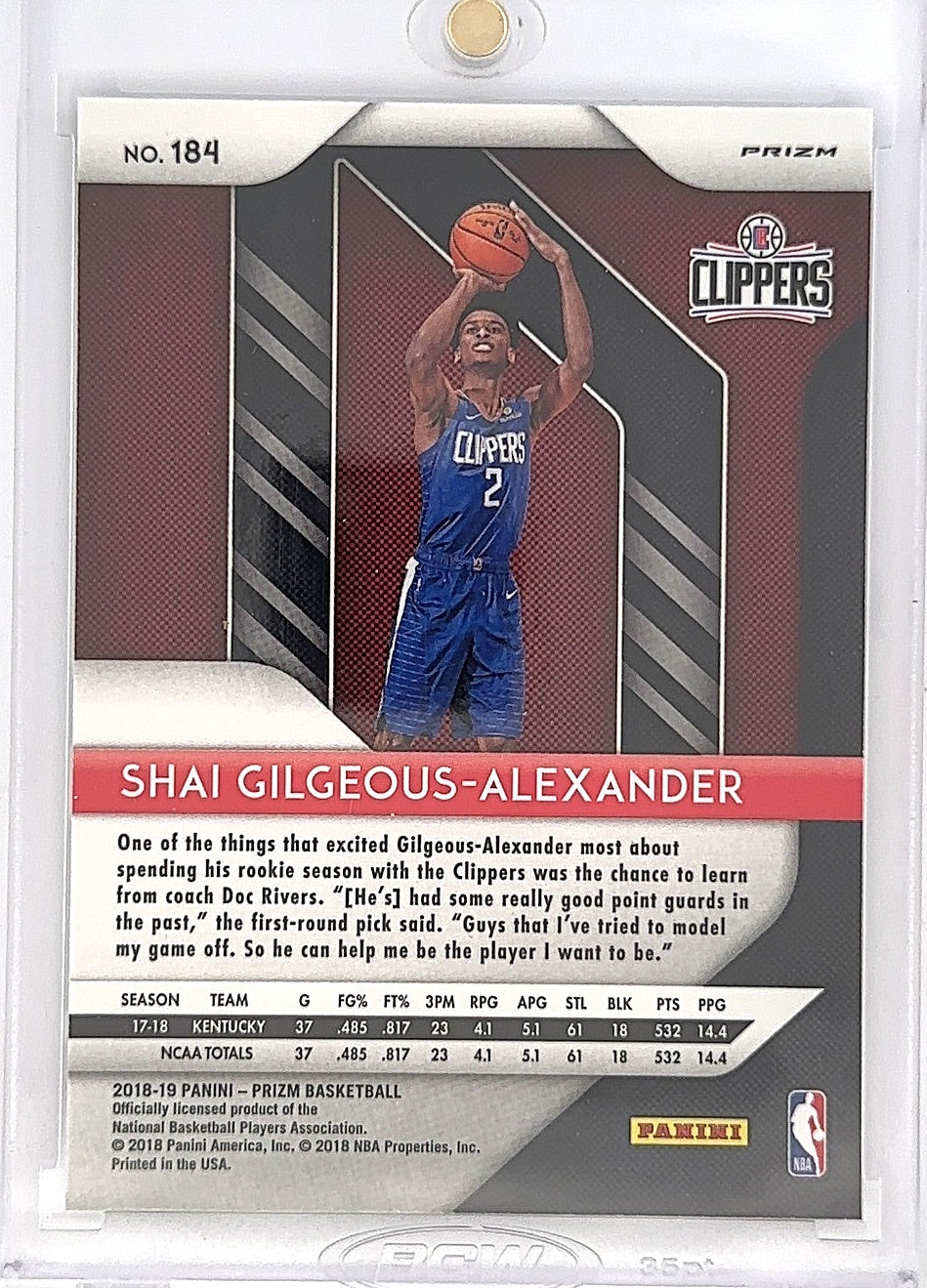 2018 Panini Prizm Shai Gilgeous-Alexander [Silver Prizm] #184 — back
