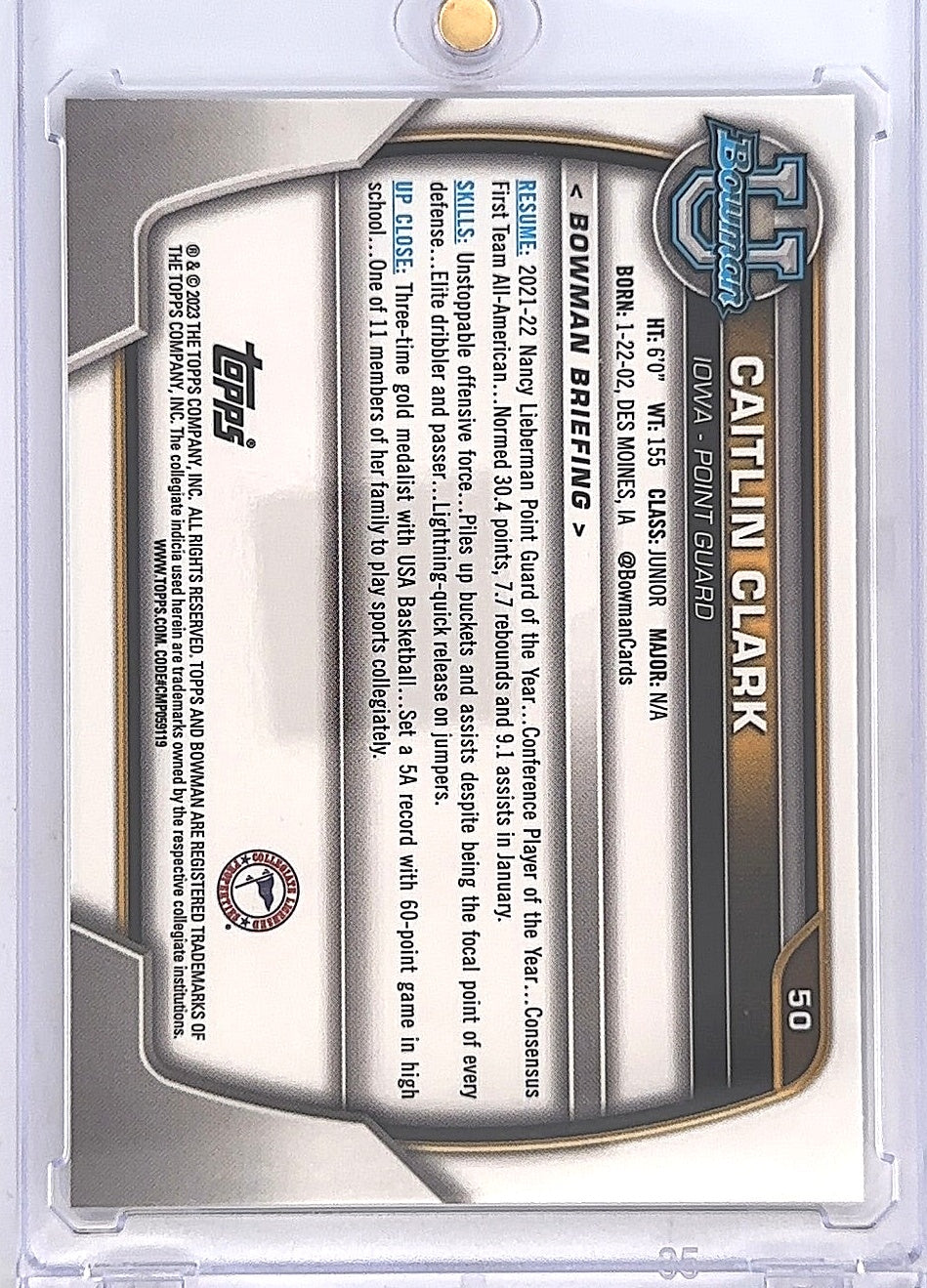 2022 Bowman Chrome University Caitlin Clark [Purple] #50 — back