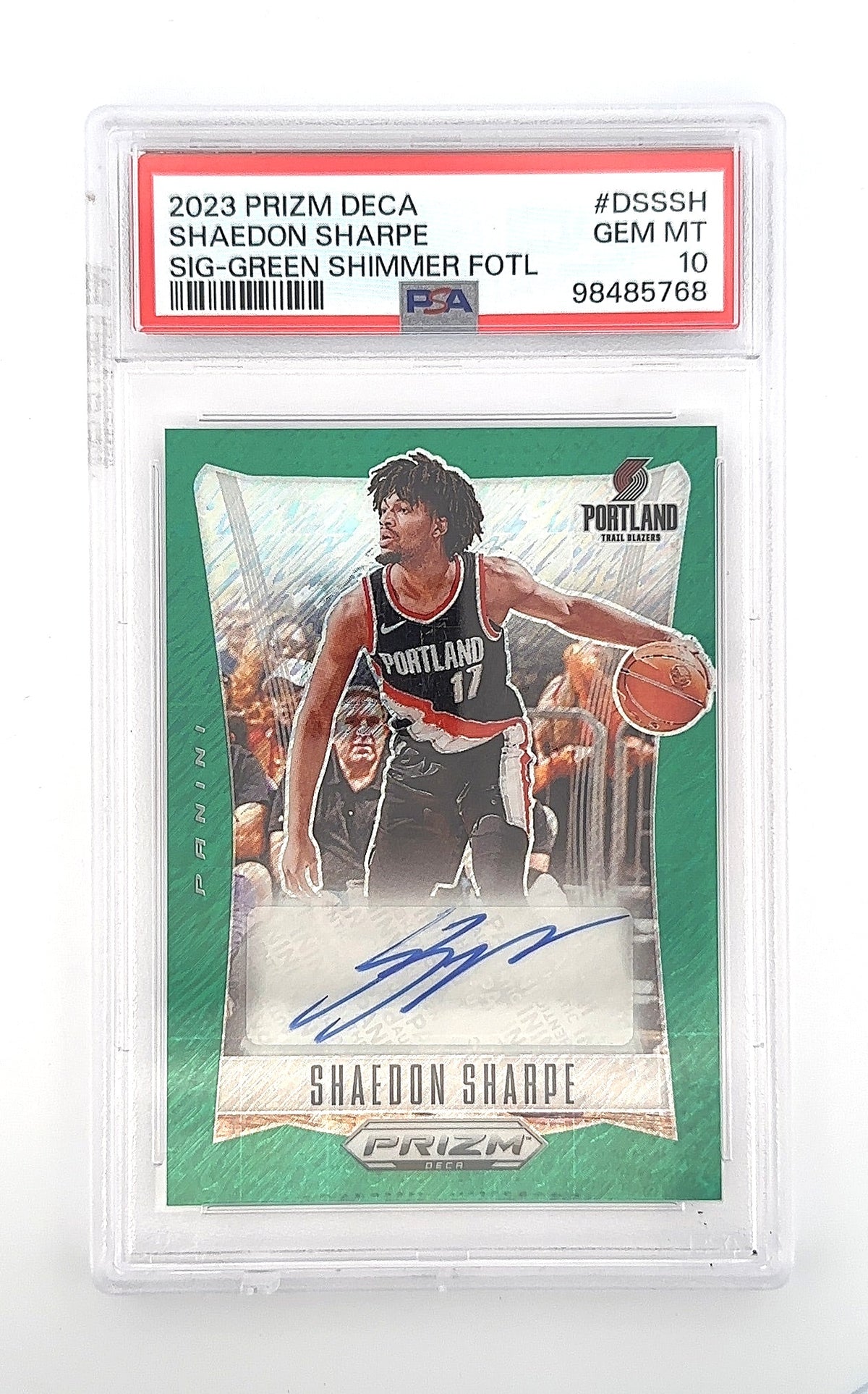 2023 Panini Prizm Deca Signature Shaedon Sharpe [Green Shimmer FOTL] #DS-SSH PSA 10 — front