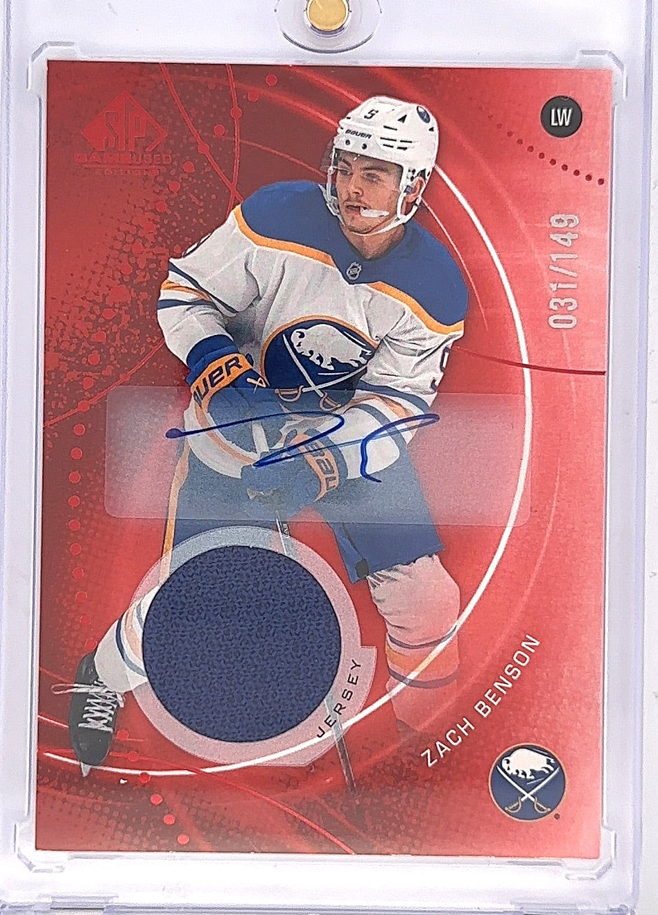 2025-26 SP Game Used Hockey Zach Benson Red Auto Jersey Patch /149 — front