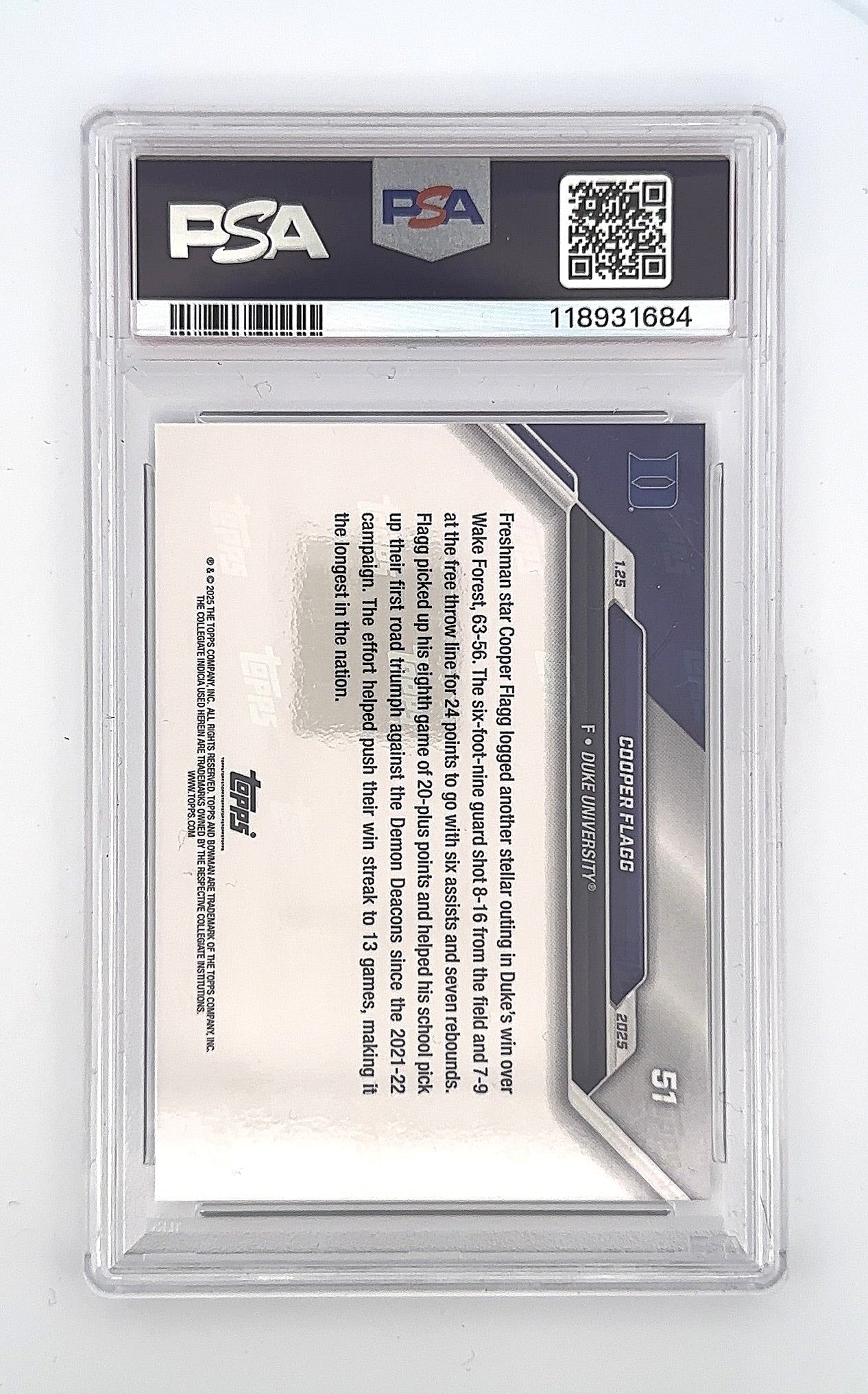 2024-25 Cooper Flagg Bowman U Now #51 PSA GEM MT 10 — back