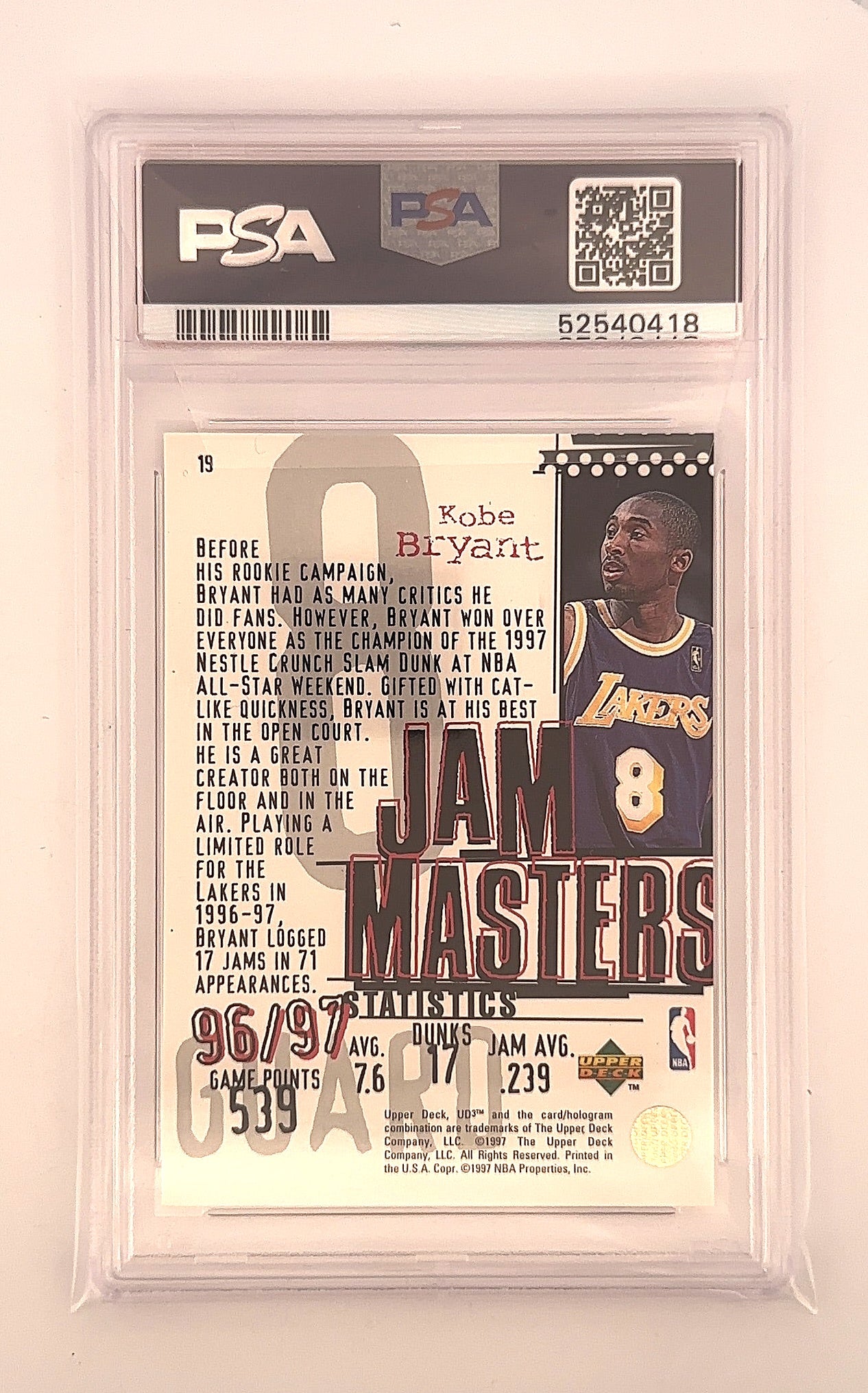 1997 UD3 Kobe Bryant Jam Masters #19 PSA 9 — back