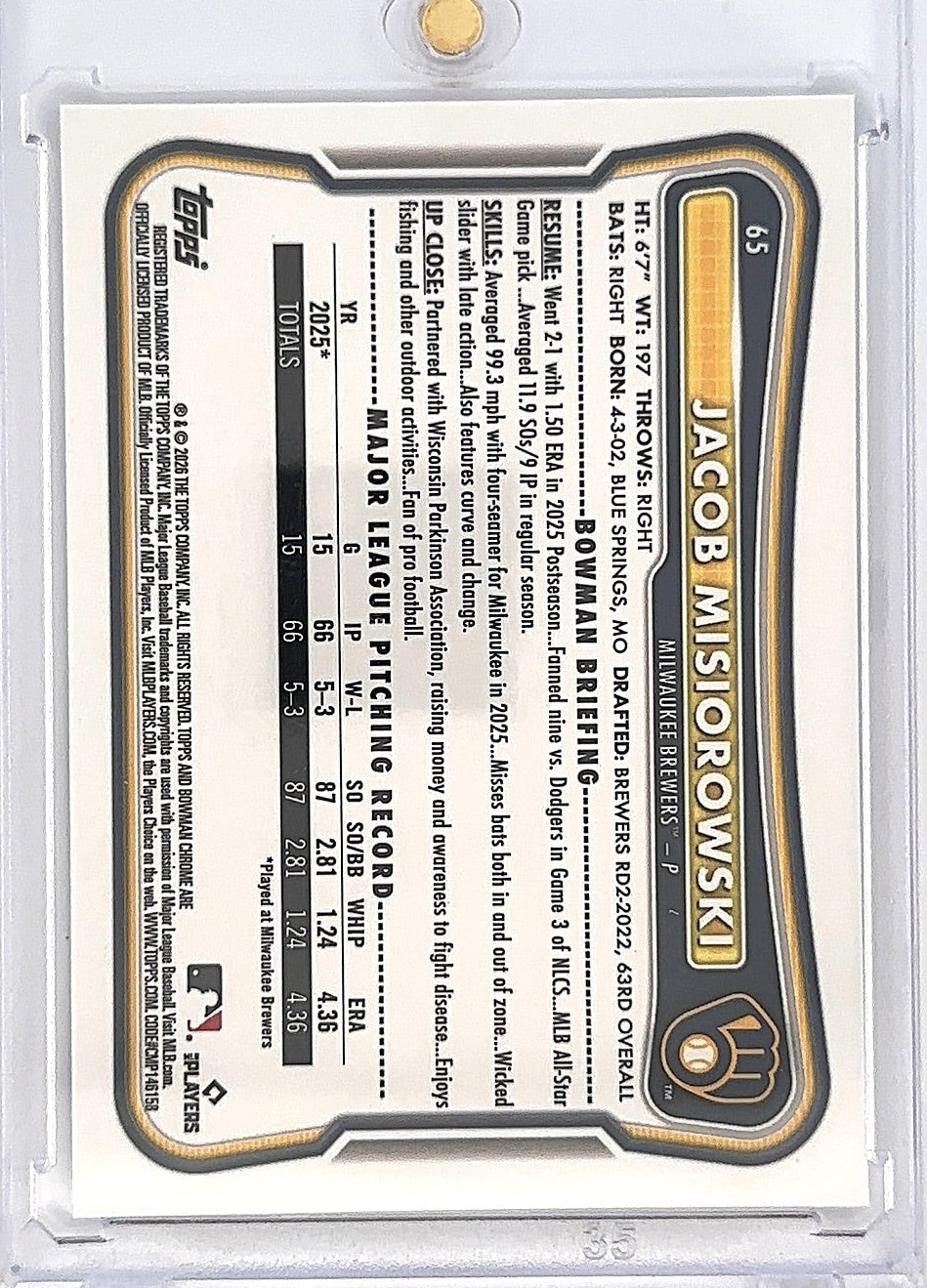 2026 Bowman Chrome Jacob Misiorowski [Red Rookie Variation] #65 — back