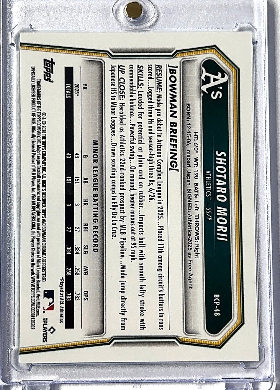 2026 Bowman Chrome Prospect Shotaro Morii [Green Shimmer Refractor] #BCP-48 — back