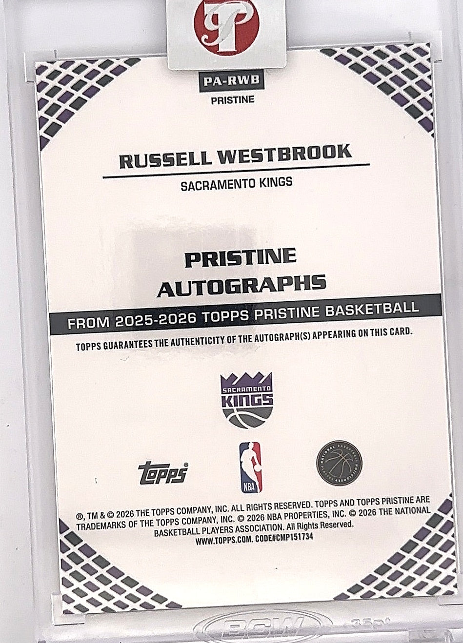2025 Topps Pristine Autograph Russell Westbrook [Gold] #PA-RWB — back