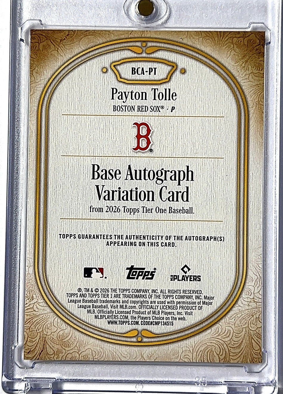 2026 Topps Tier One Base Autograph Payton Tolle #BCA-PT RC AUTO — back