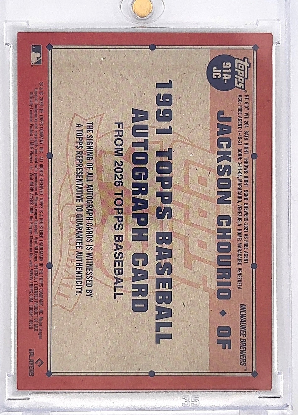 2026 Topps 1991 Autograph Jackson Chourio [Green] #91A-JC — back