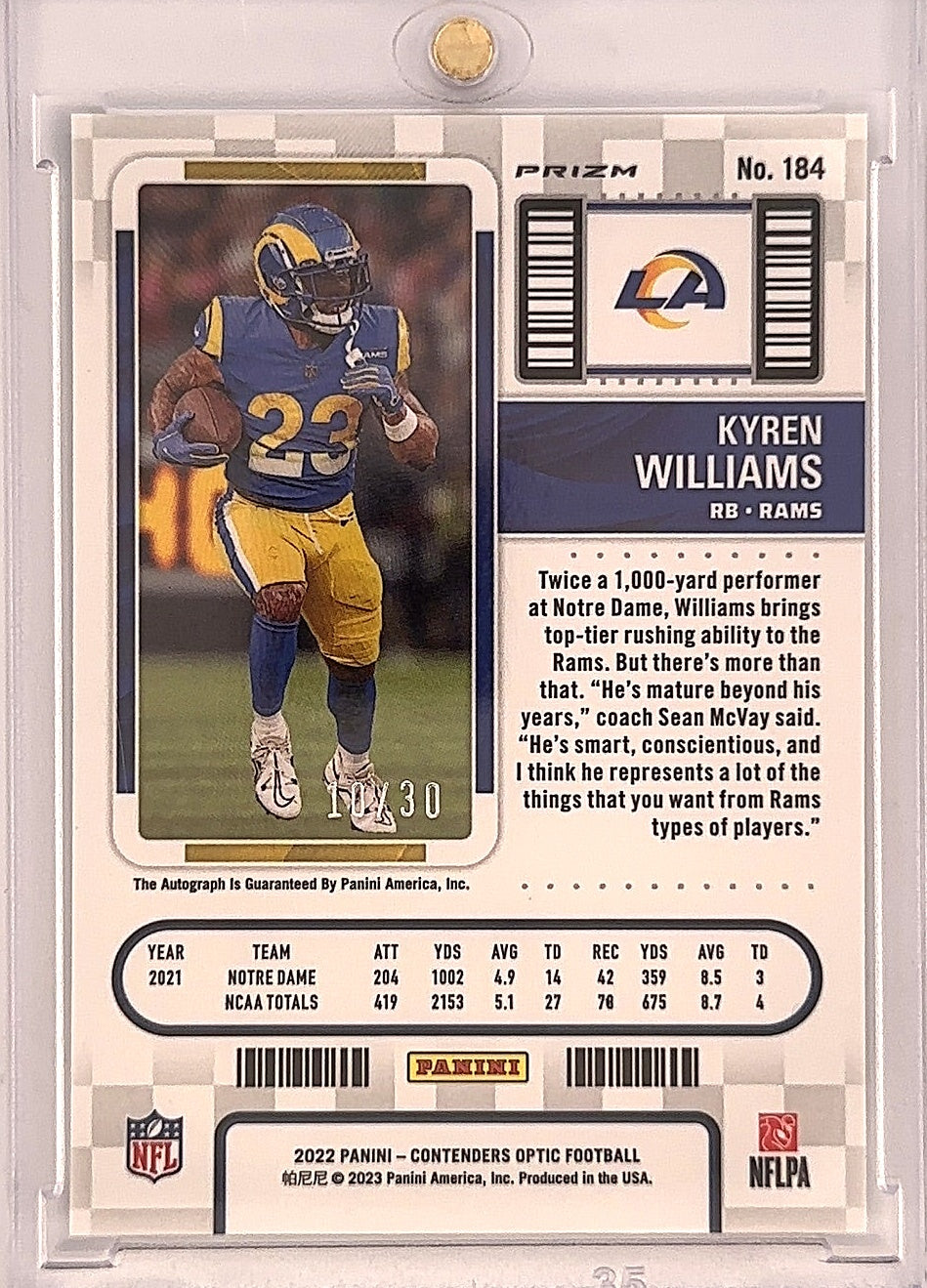 2022 Panini Contenders Optic Kyren Williams [Rookie Ticket Autograph Green Pulsar] #184 — back