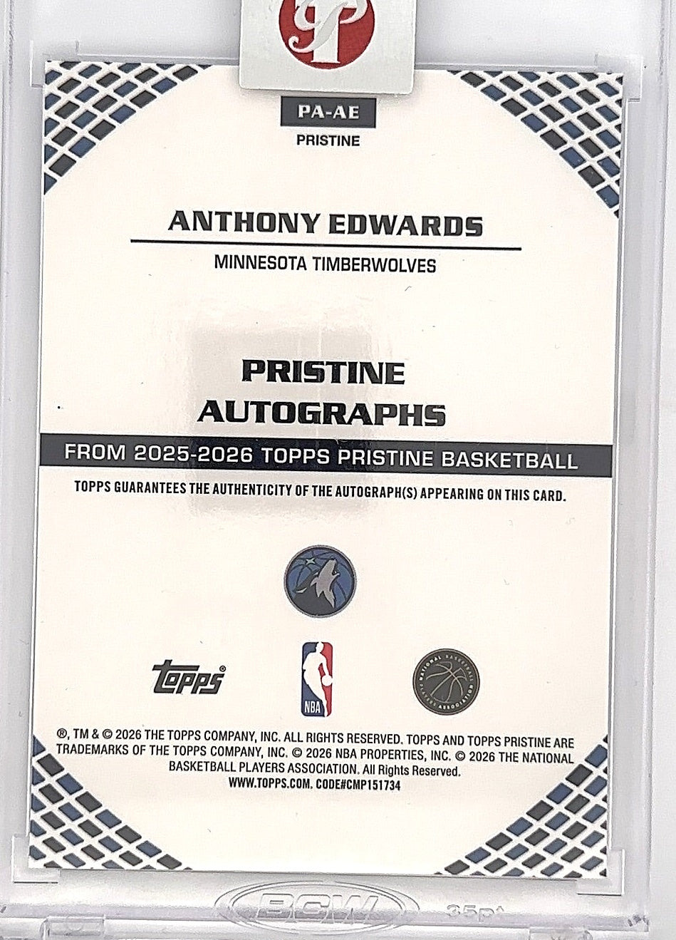 2025 Topps Pristine Autograph Anthony Edwards [Blue] #PA-AE — back