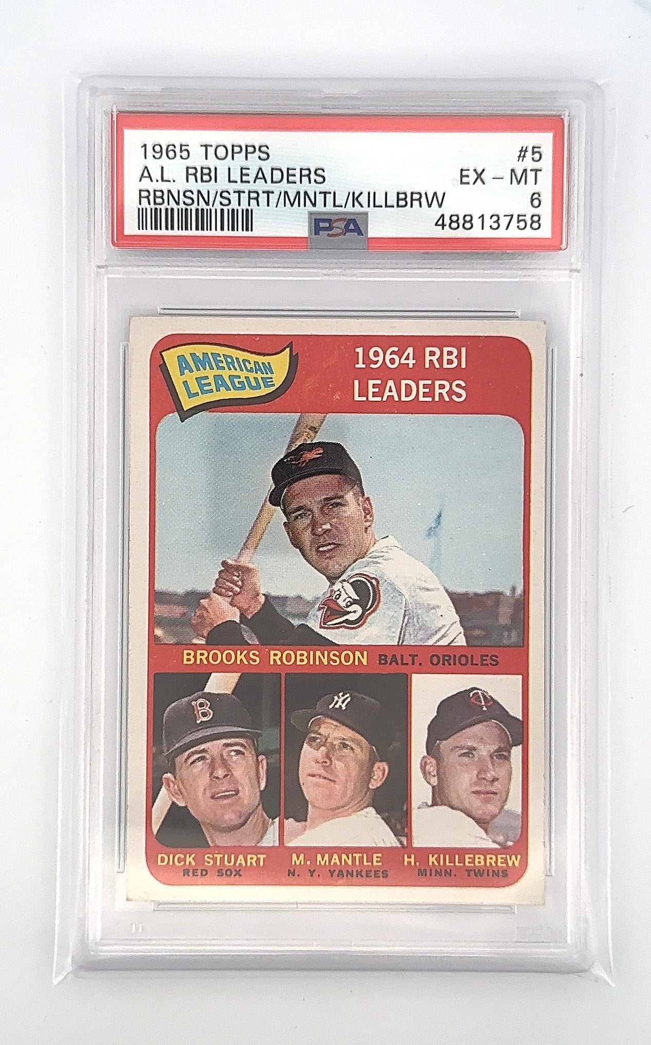 1965 RBNSN/STRT/MNTL/KILLBRW Topps A.L. RBI Leaders PSA EX-MT 6 — front
