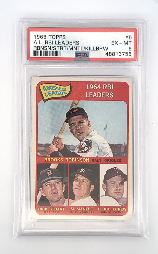 1965 RBNSN/STRT/MNTL/KILLBRW Topps A.L. RBI Leaders PSA EX-MT 6 — front