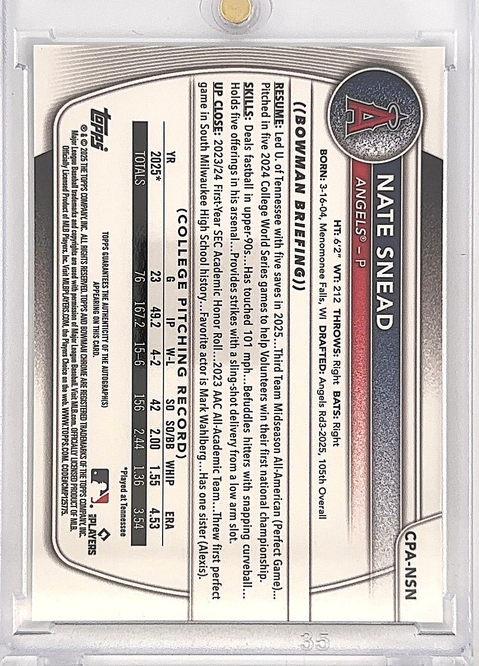 2025 Bowman Draft Chrome Prospect Autograph Nate Snead [Sparkle Refractor] #CPA-NSN — back