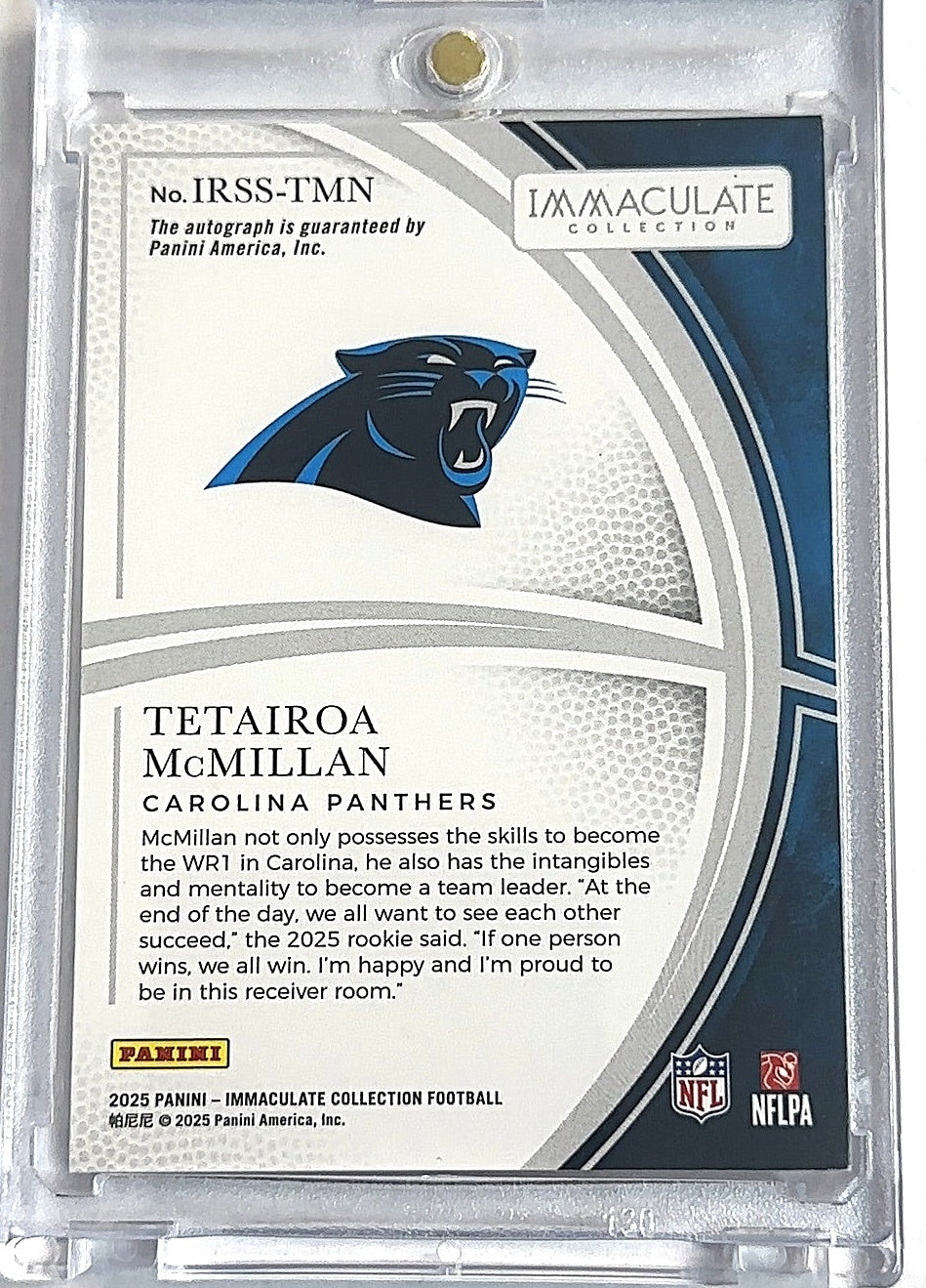 Tetairoa McMillan Immaculate Shadow Box RC Auto /49 — back
