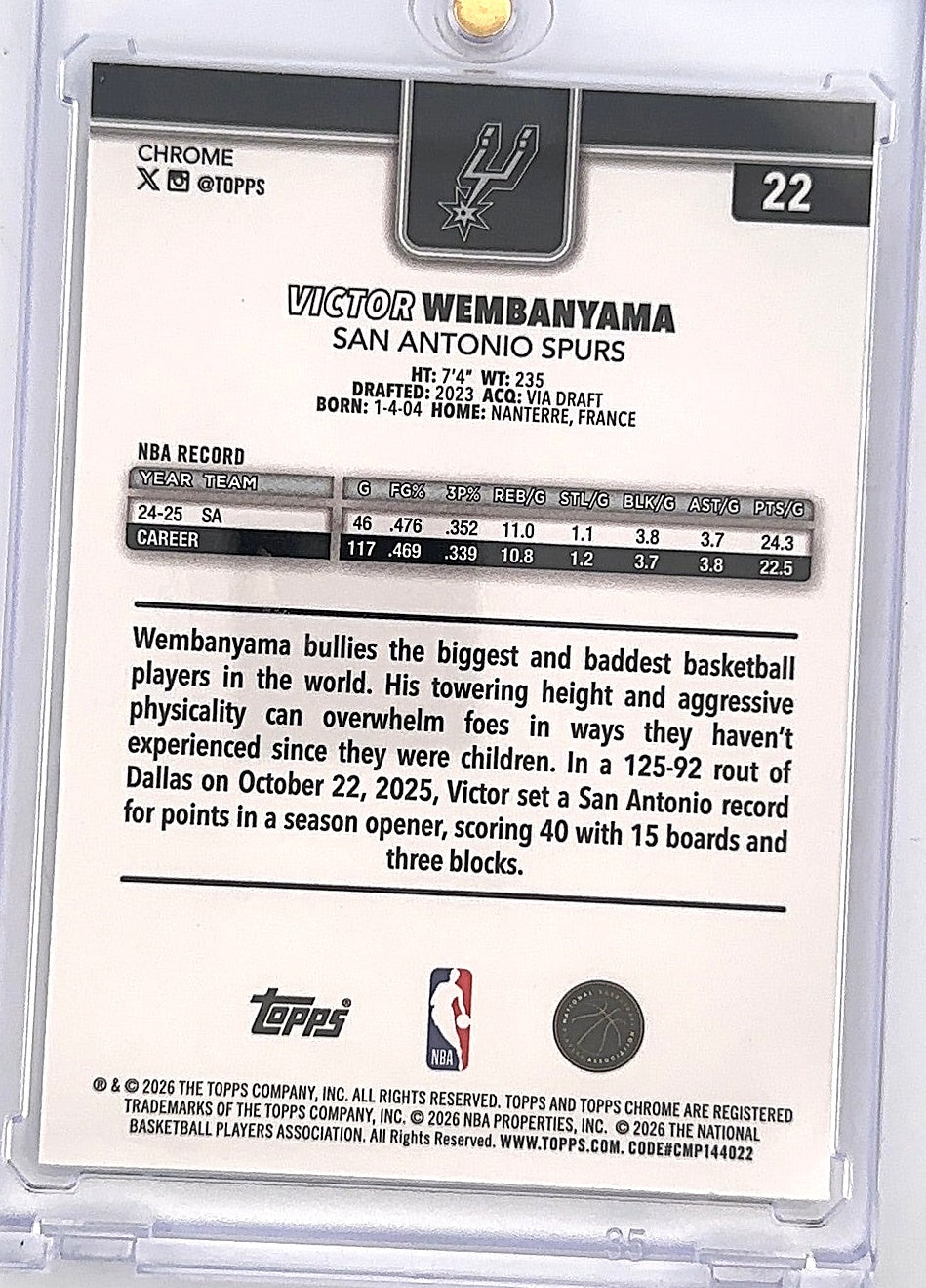 2025 Topps Chrome Update Victor Wembanyama [X-Fractor] #22 — back